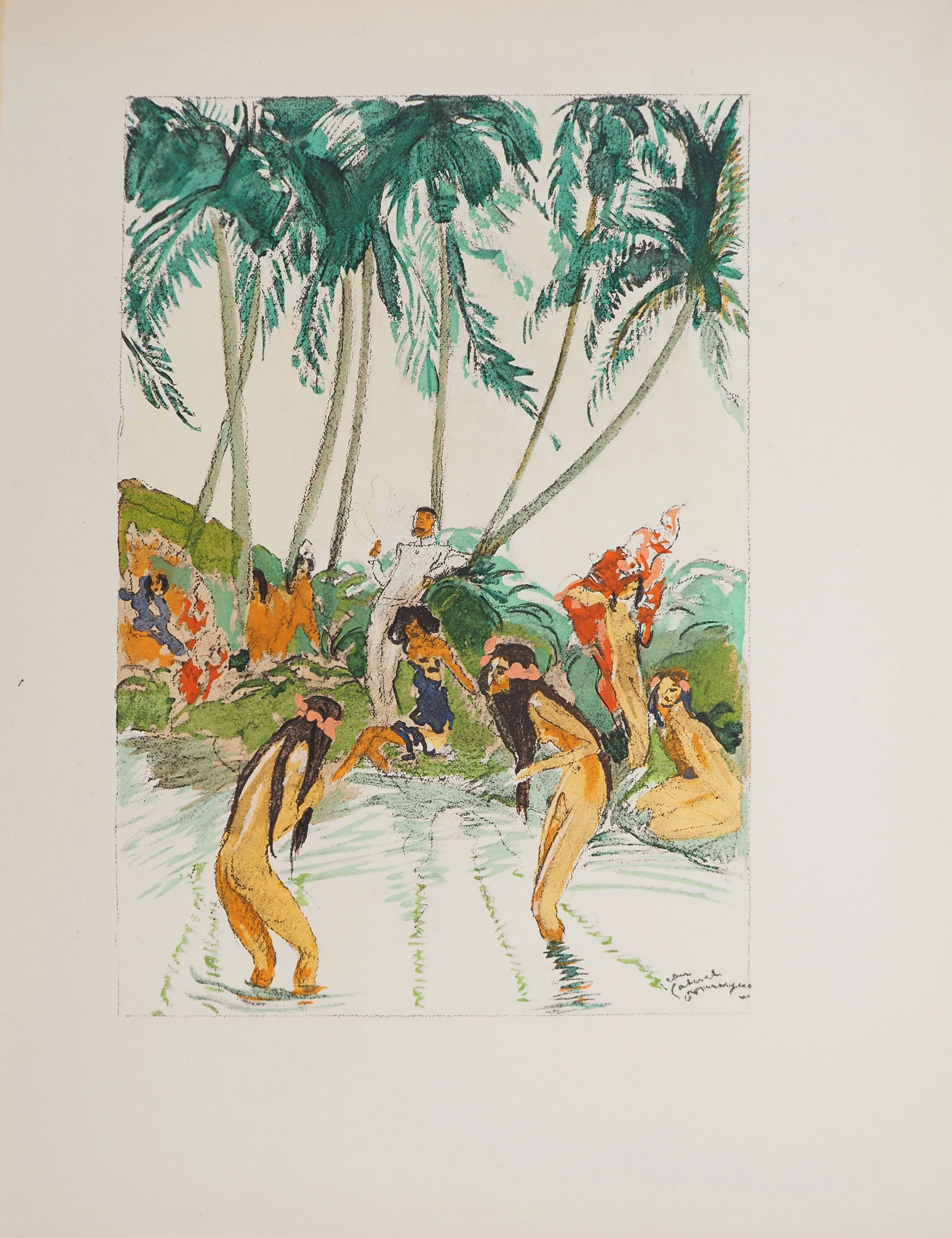 Jean-Gabriel DOMERGUE : Tahiti, Baignade sous les palmiers, Lithographie originale signée - Image 3