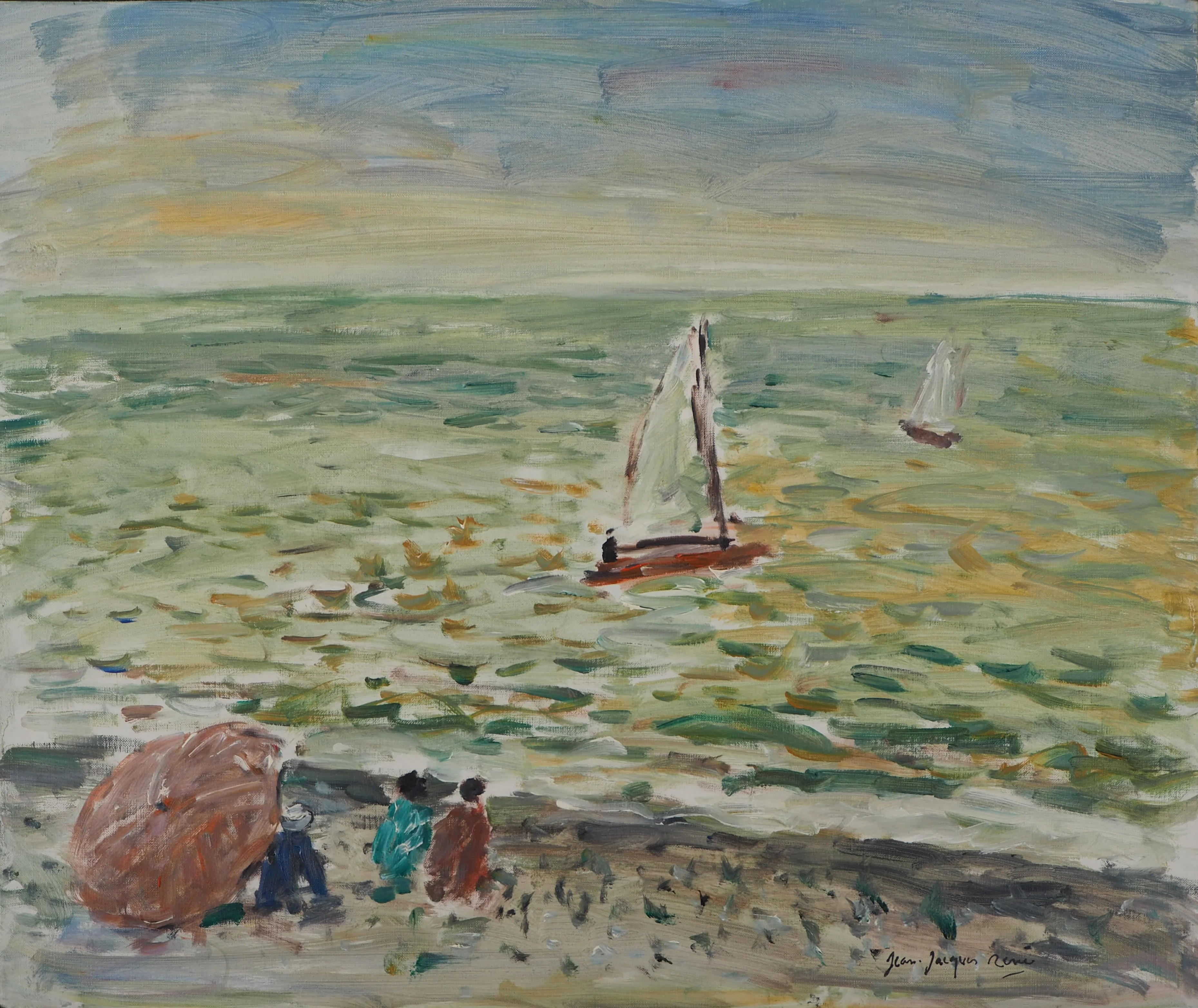 Jean-Jacques RENE : Marée haute en Normandie, Huile sur toile signée