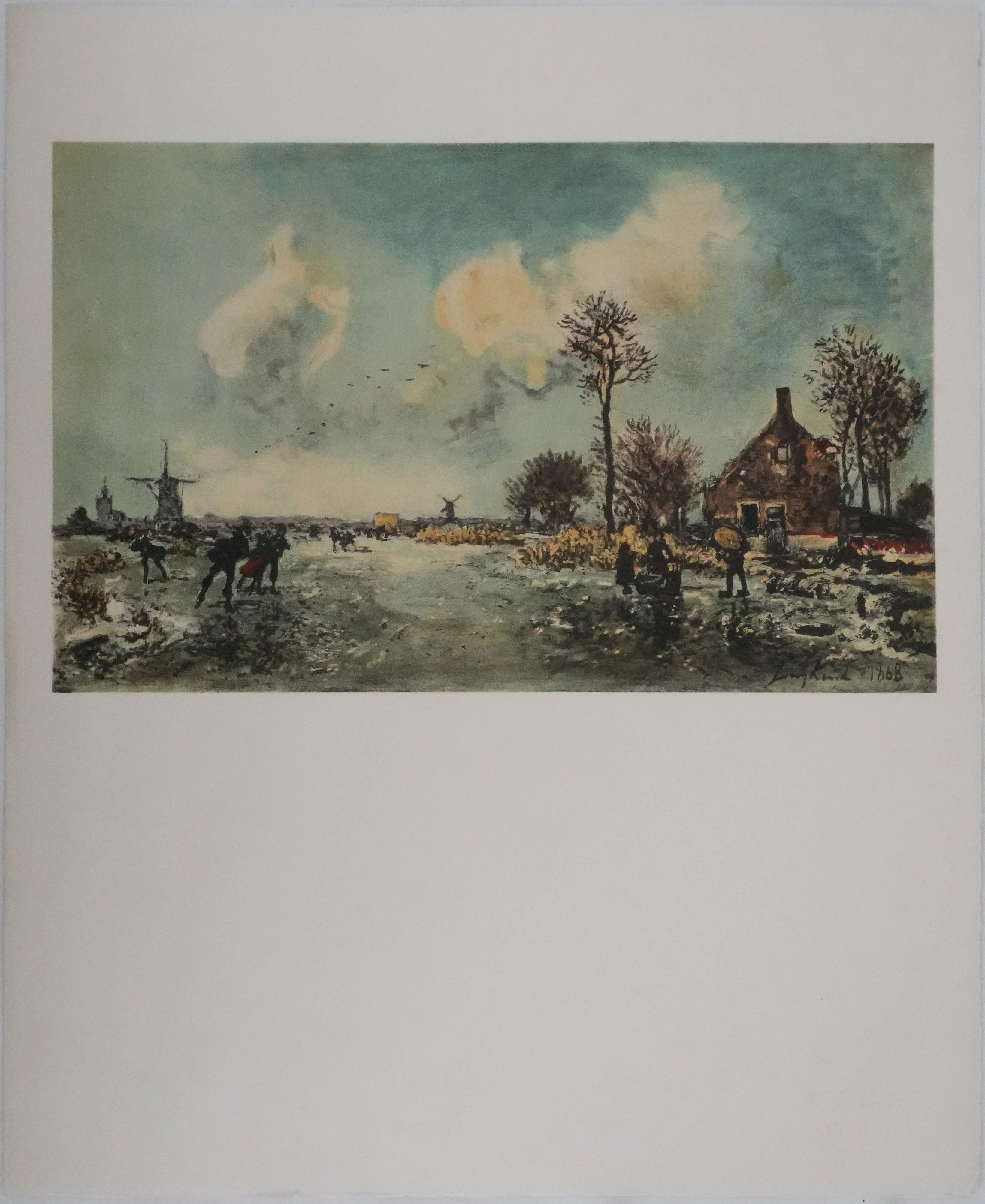 Johan-Barthold JONGKIND : Patineurs à Rotterdam, Lithographie signée