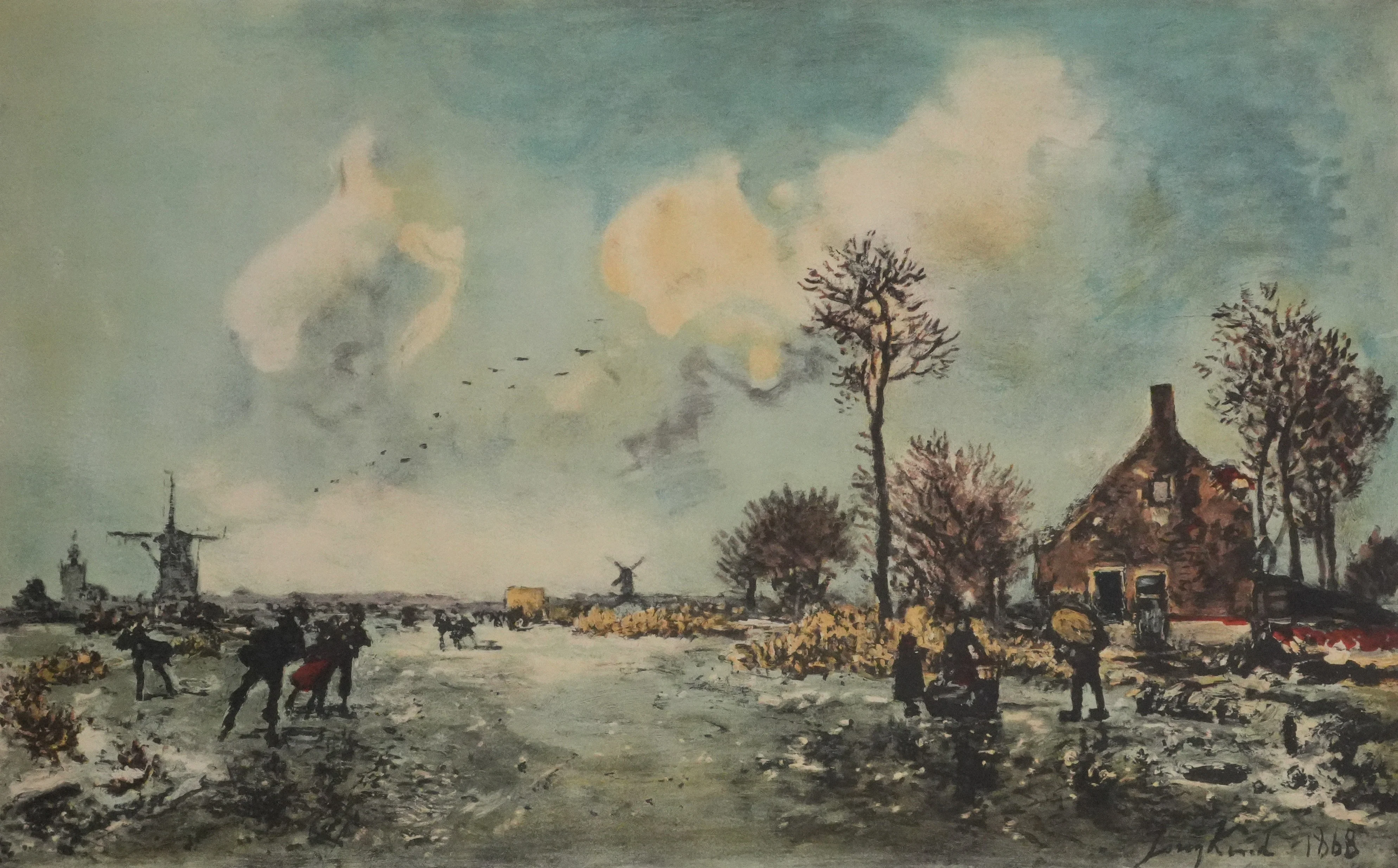 Johan-Barthold JONGKIND : Patineurs à Rotterdam, Lithographie signée - Image 3