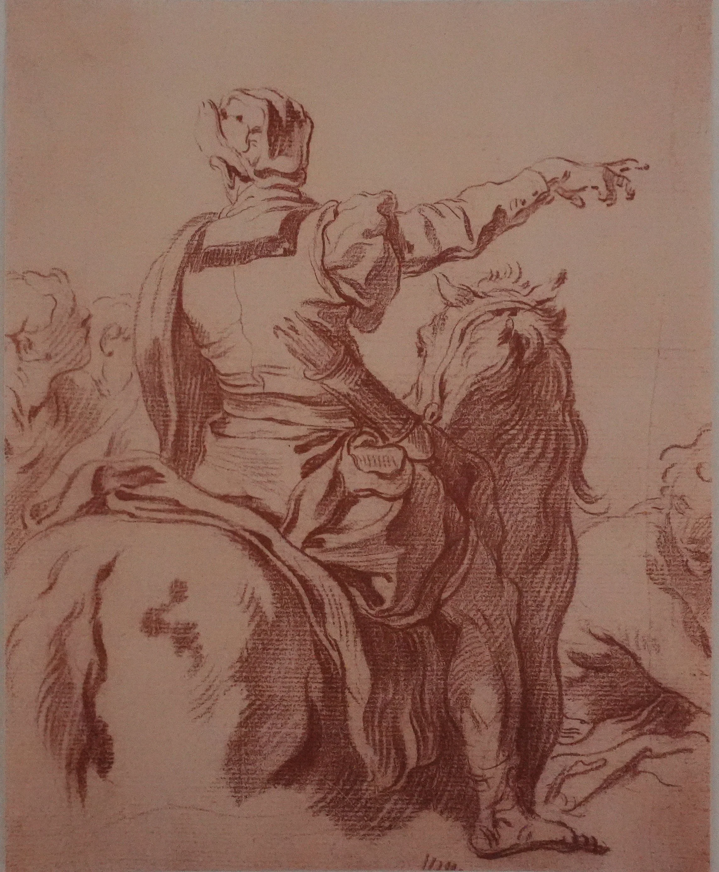 Joseph PARROCEL : Etude d'un cavalier de dos, Lithographie et pochoir