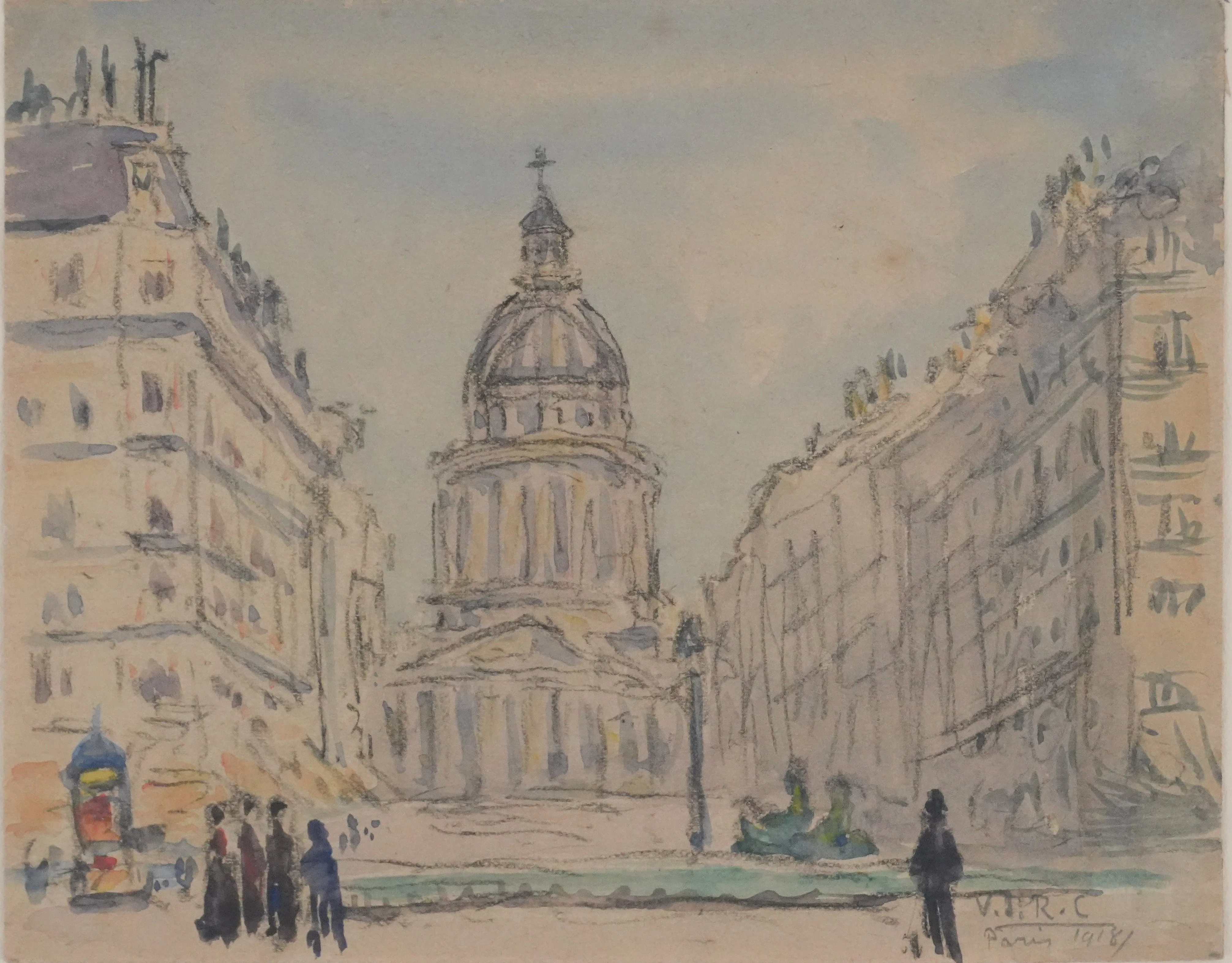 Joseph-Victor ROUX-CHAMPION : Paris, Le Panthéon depuis la Rue Soufflot, Aquarelle originale signée - Image 2