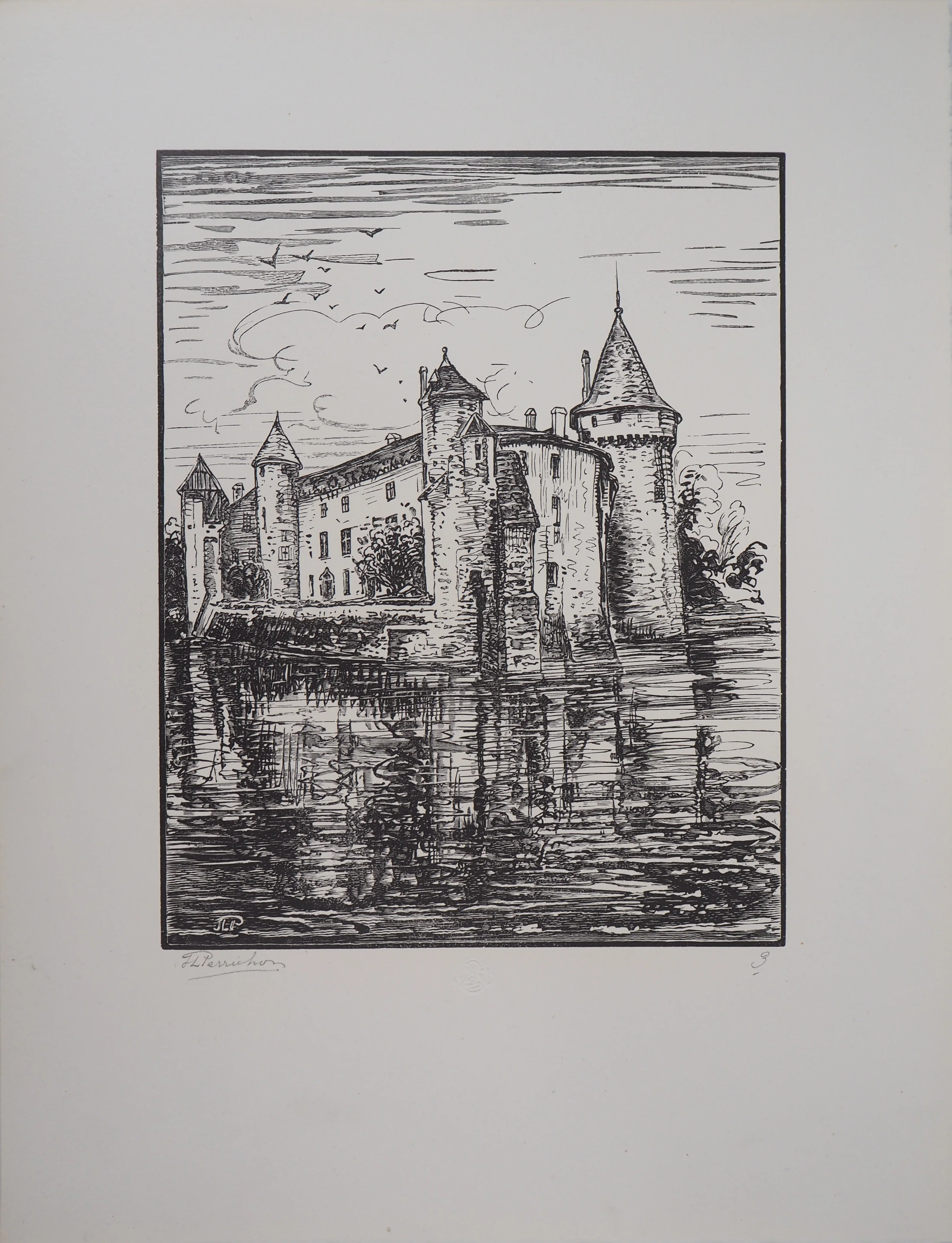 Jules PERRICHON : Le château de Montesquieu, Gravure sur bois originale signée - Image 3