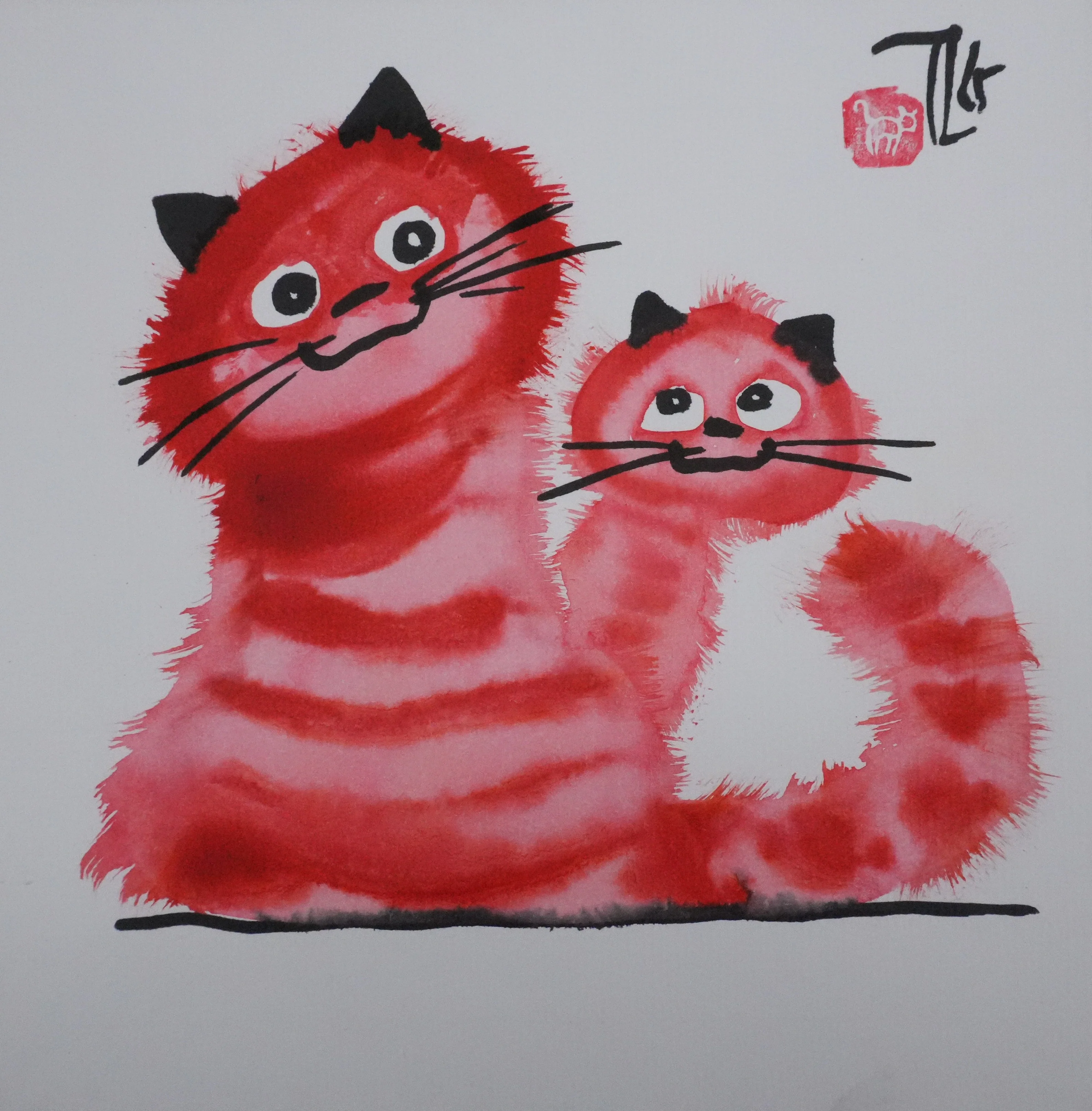 Laszlo TIBAY : Deux chats rouge, Dessin original à l'encre signé