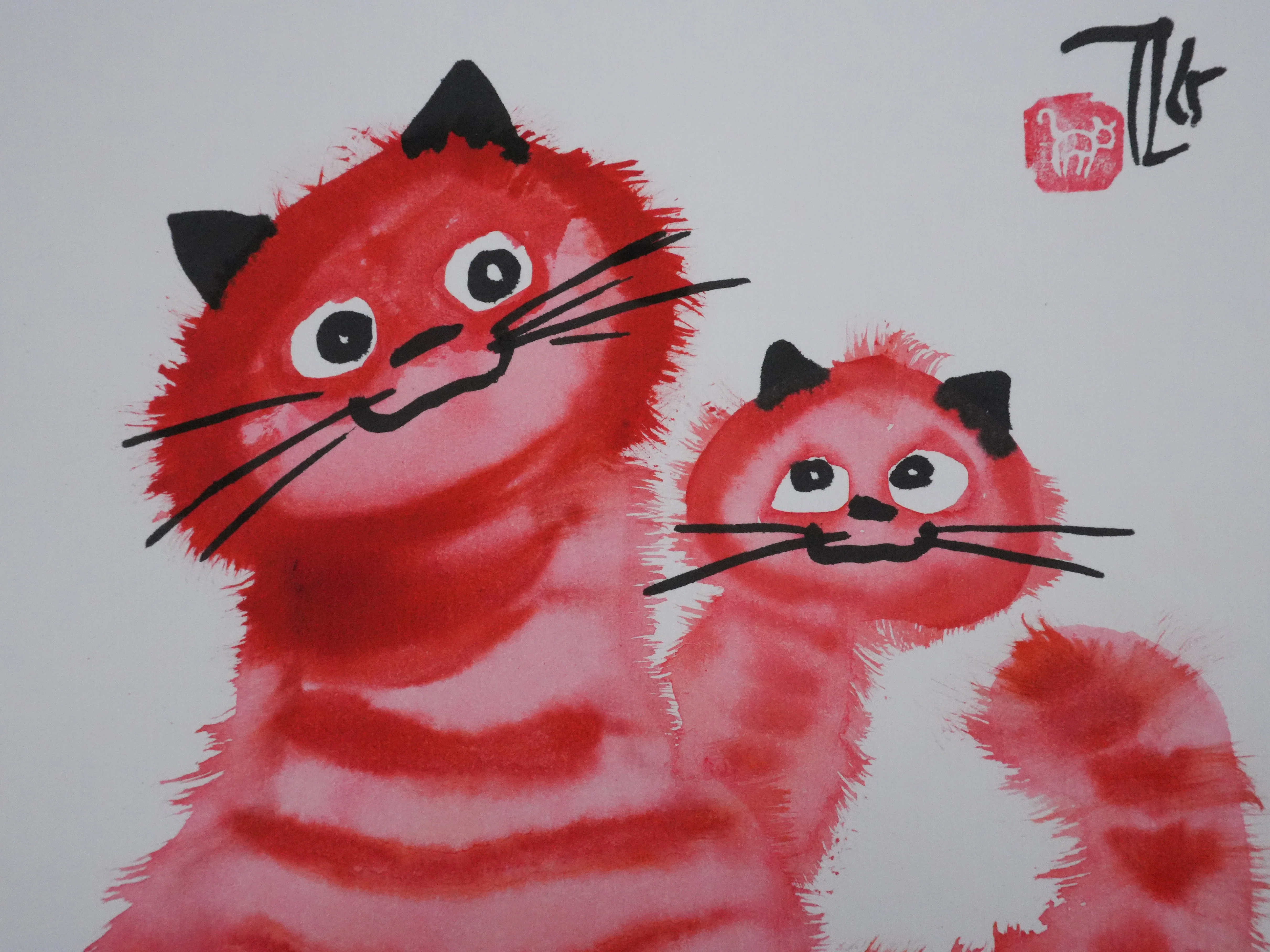 Laszlo TIBAY : Deux chats rouge, Dessin original à l'encre signé - Image 3