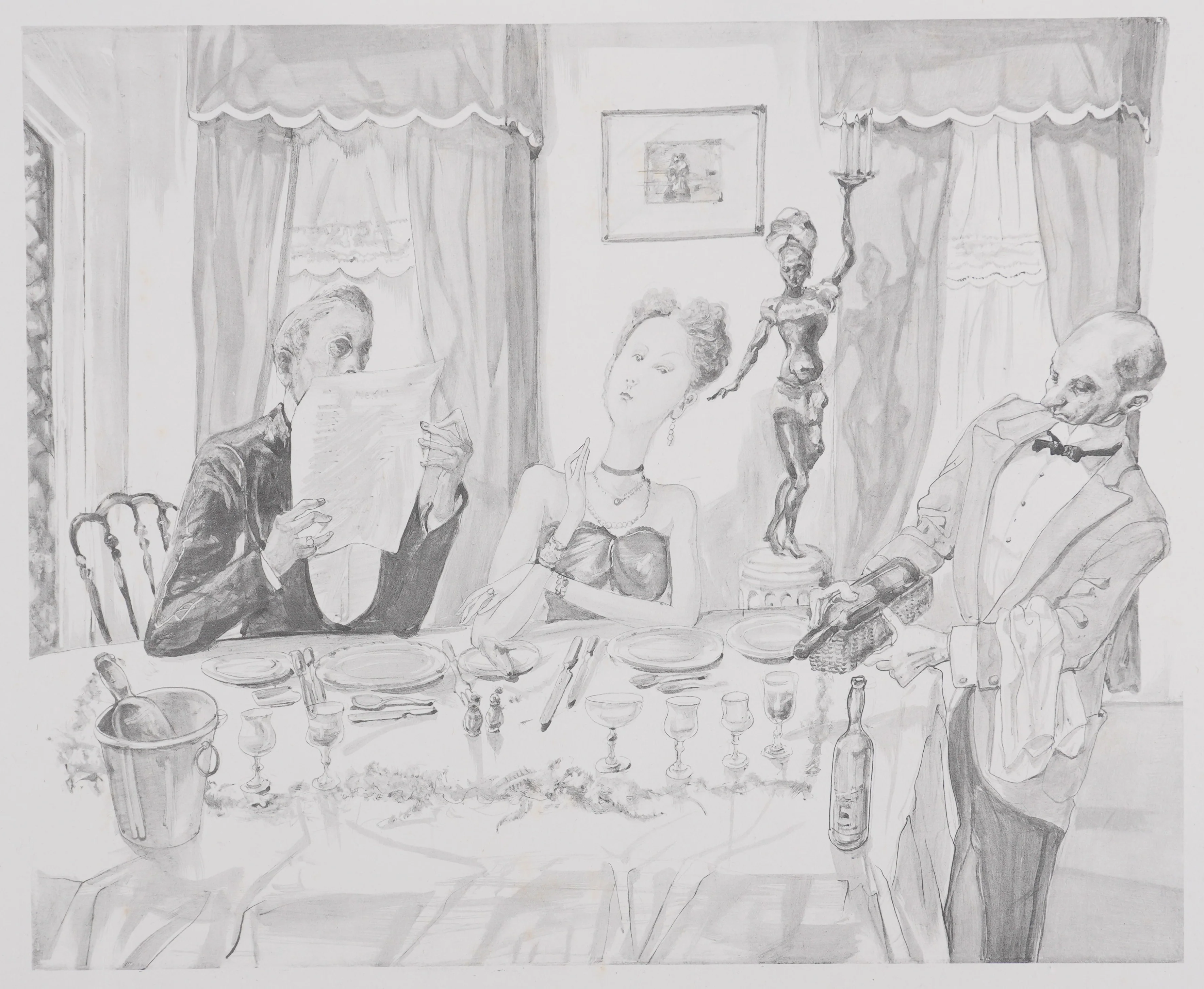 Léonard Tsuguharu FOUJITA : Le diner mondain (noir), Lithographie originale - Image 2