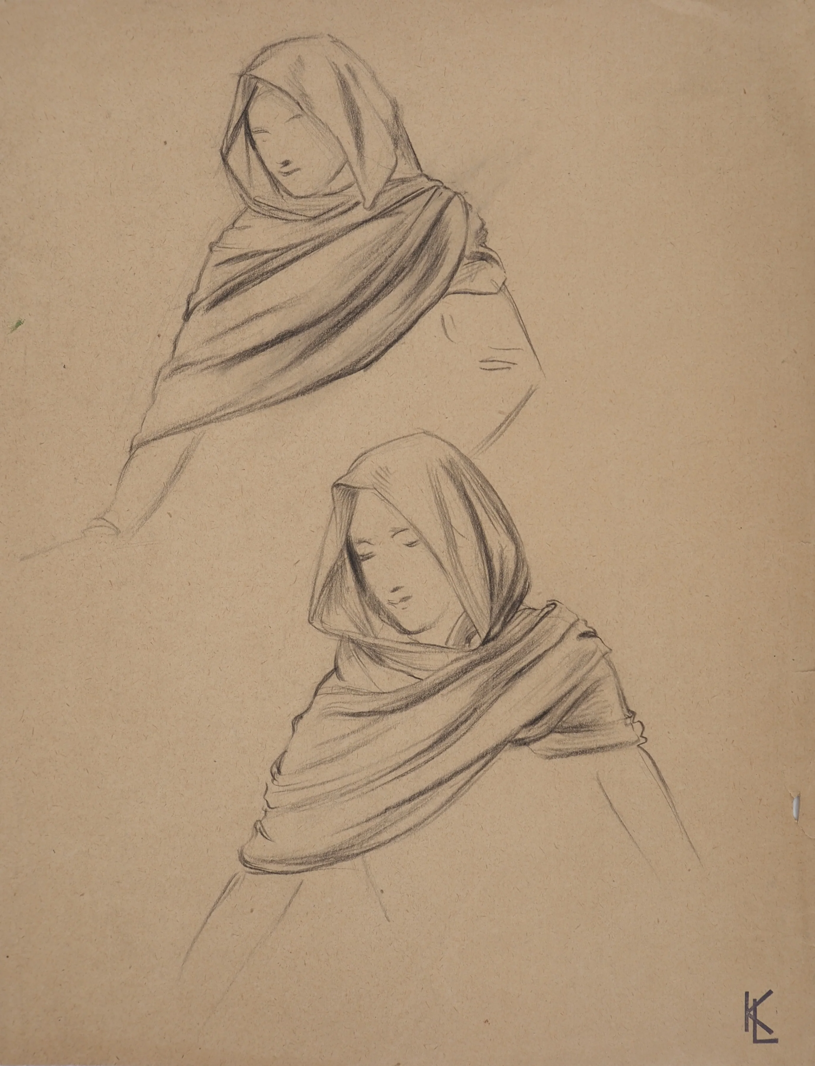 Léopold Franz KOWALSKI : Étude du drapé du châle, dessin original - Image 2