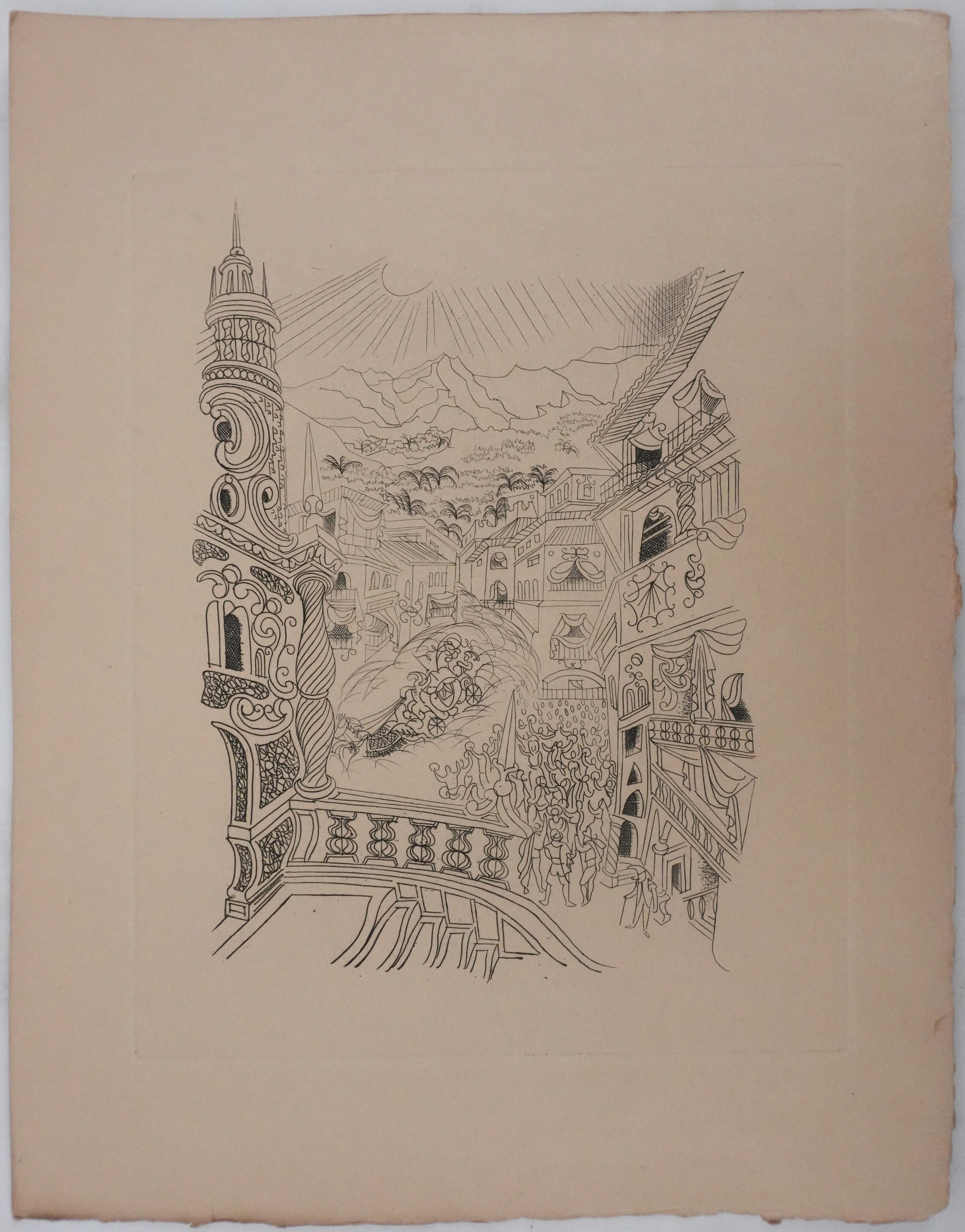Louis TOUCHAGUES : Parade en ville, Gravure originale