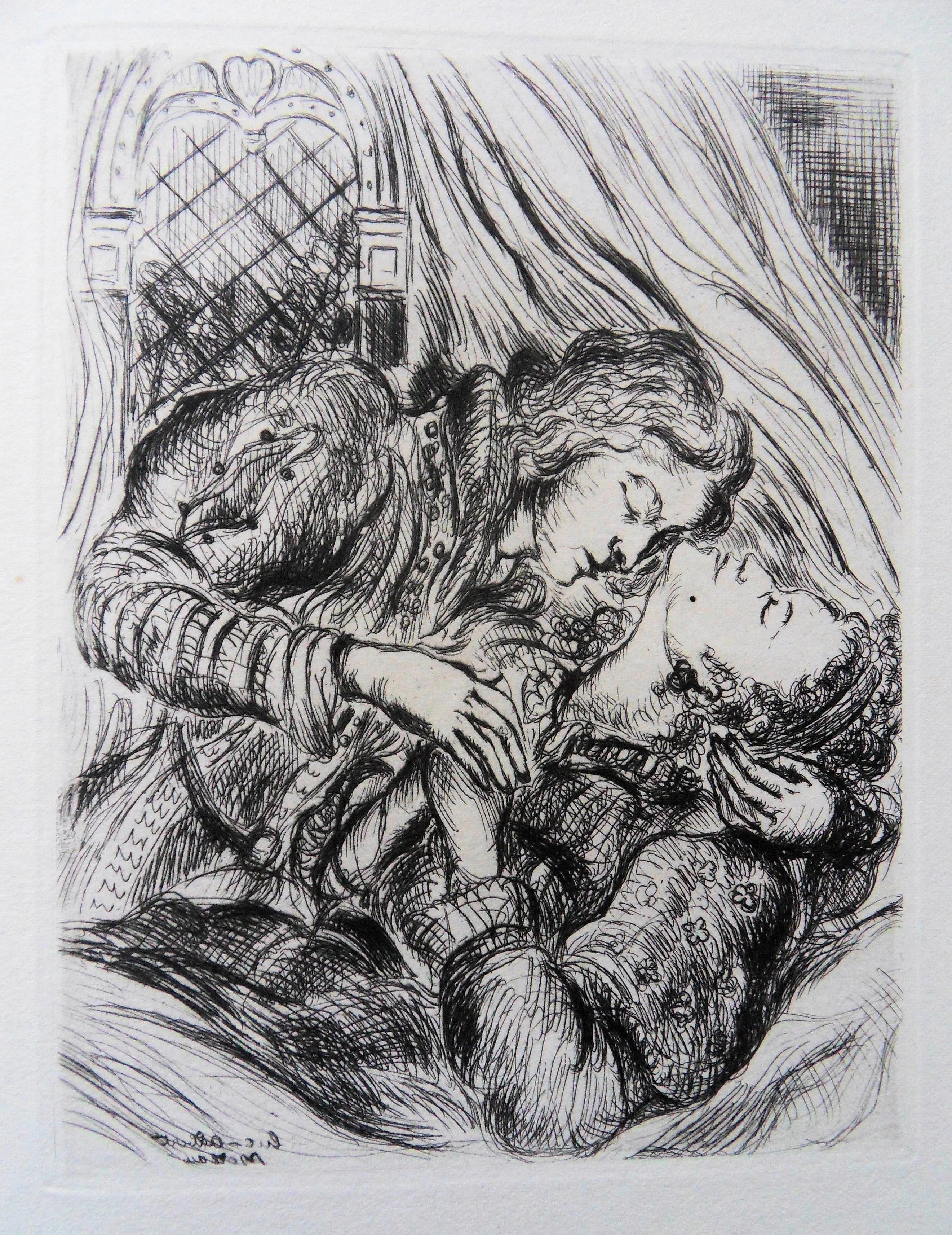 Luc-Albert MOREAU : Les amants endormis, Gravure originale signée