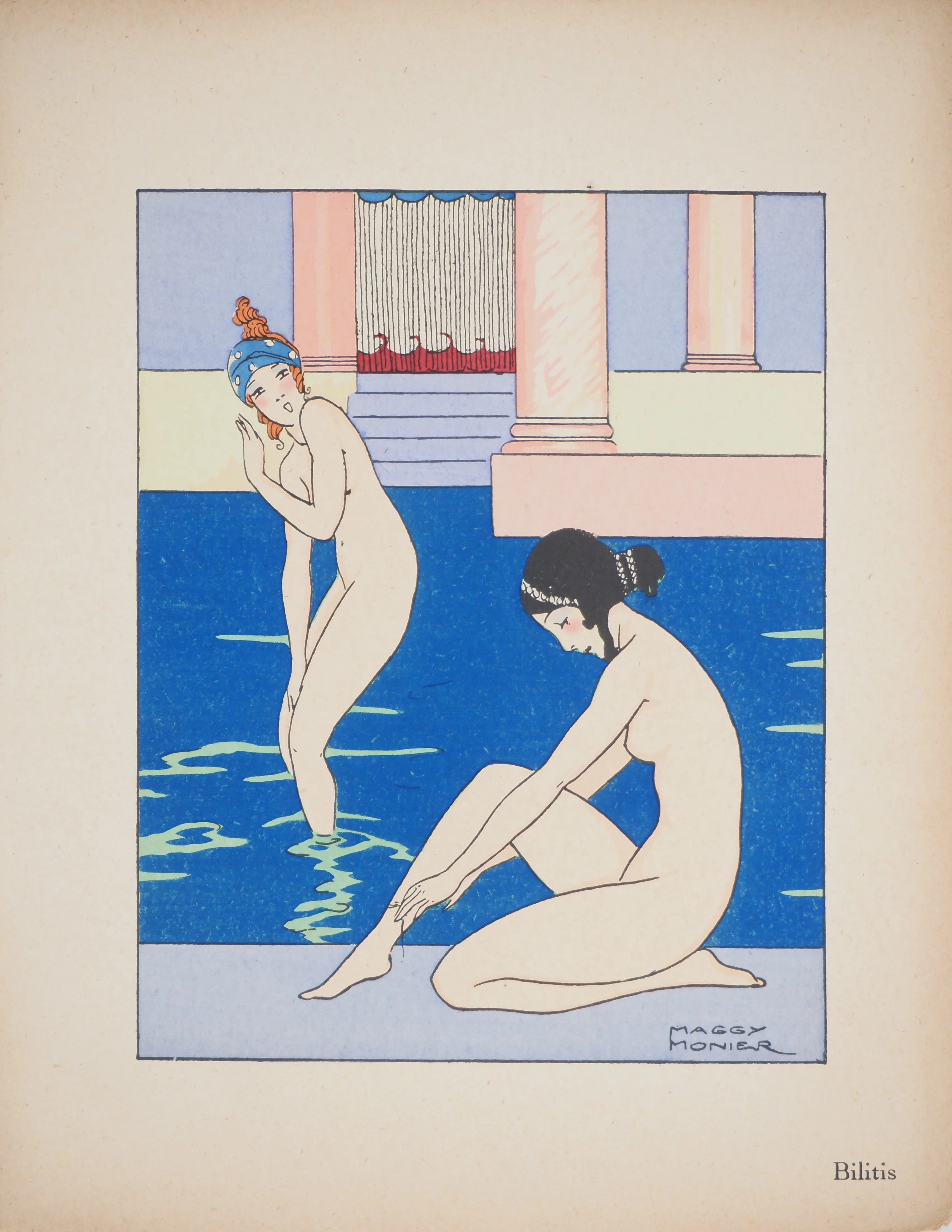 Maggy MONIER : Art déco, Bilitis, poétesse antique, Lithographie et pochoir signée