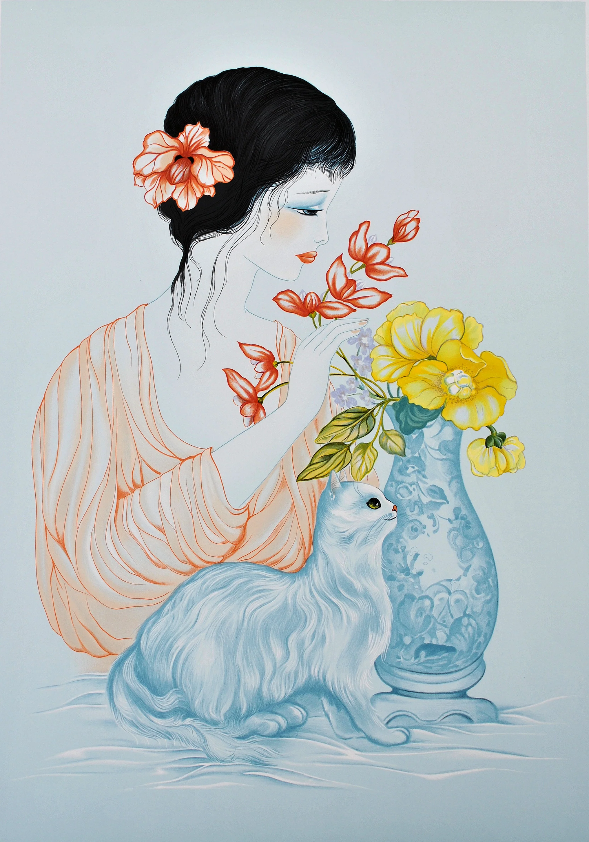 Mara TRAN-LONG : Geisha, vase fleuri et chat, Lithographie originale signée - Image 2