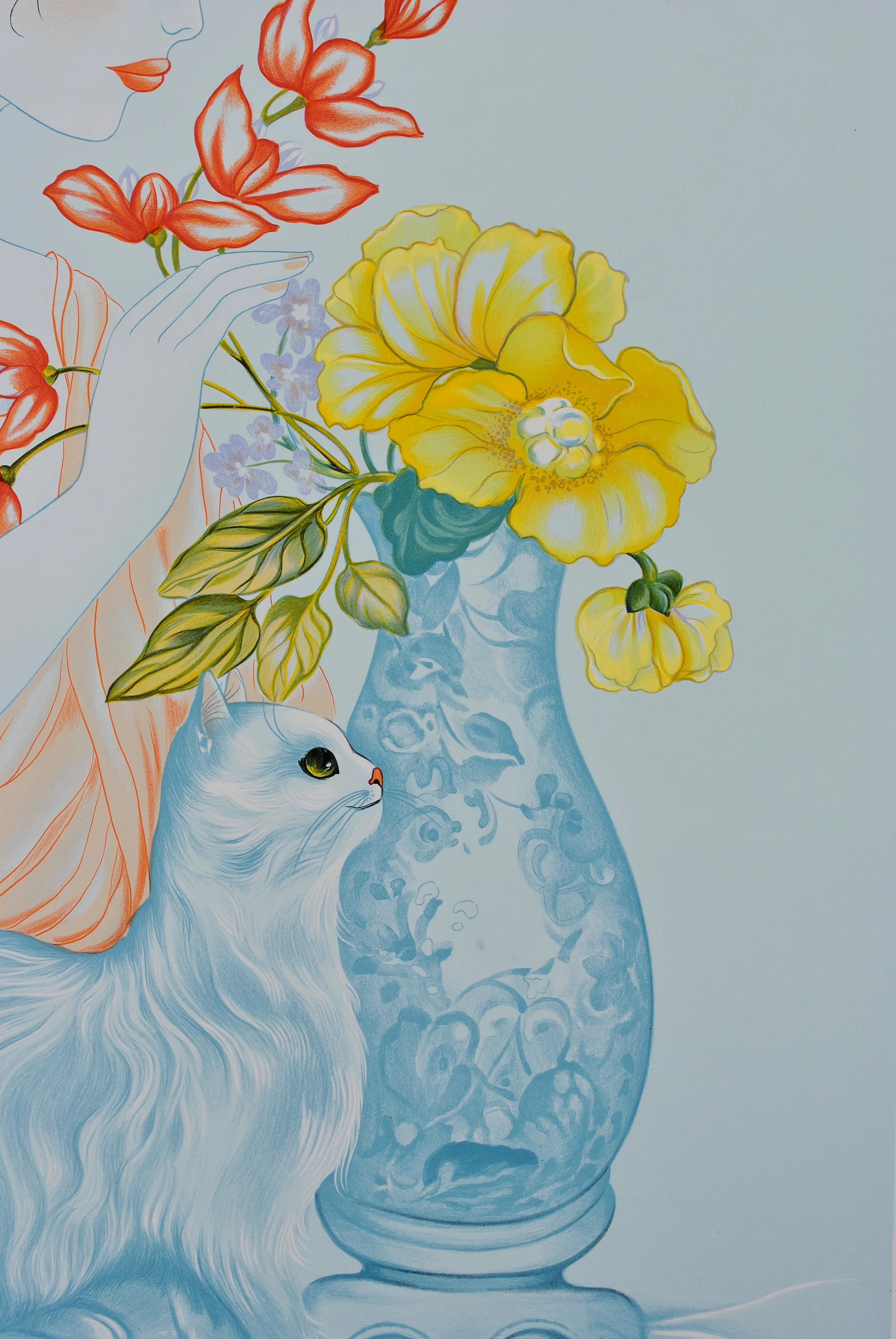Mara TRAN-LONG : Geisha, vase fleuri et chat, Lithographie originale signée - Image 6