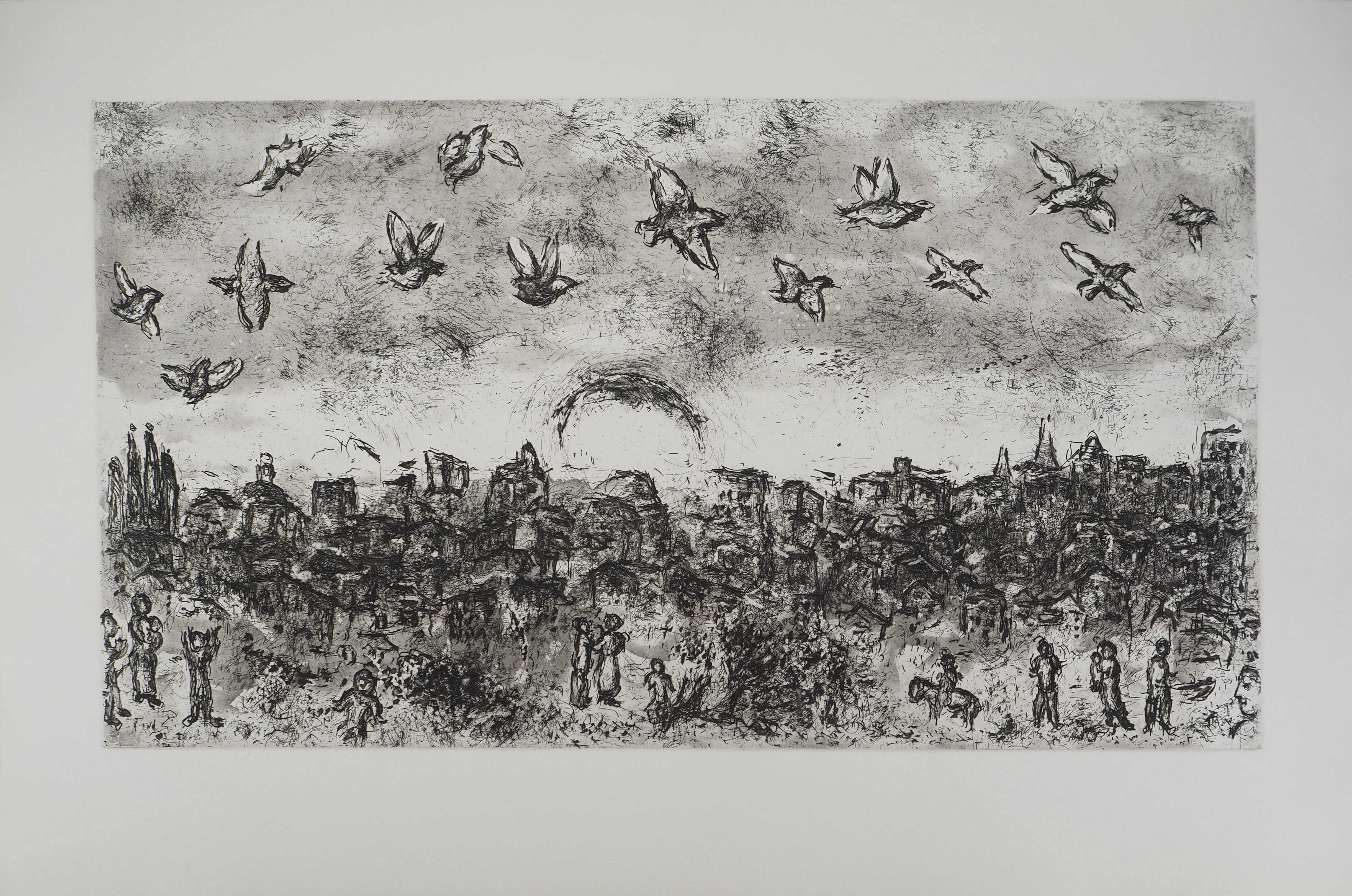 Marc CHAGALL : Et sur la Terre, Foule et oiseaux, Gravure originale