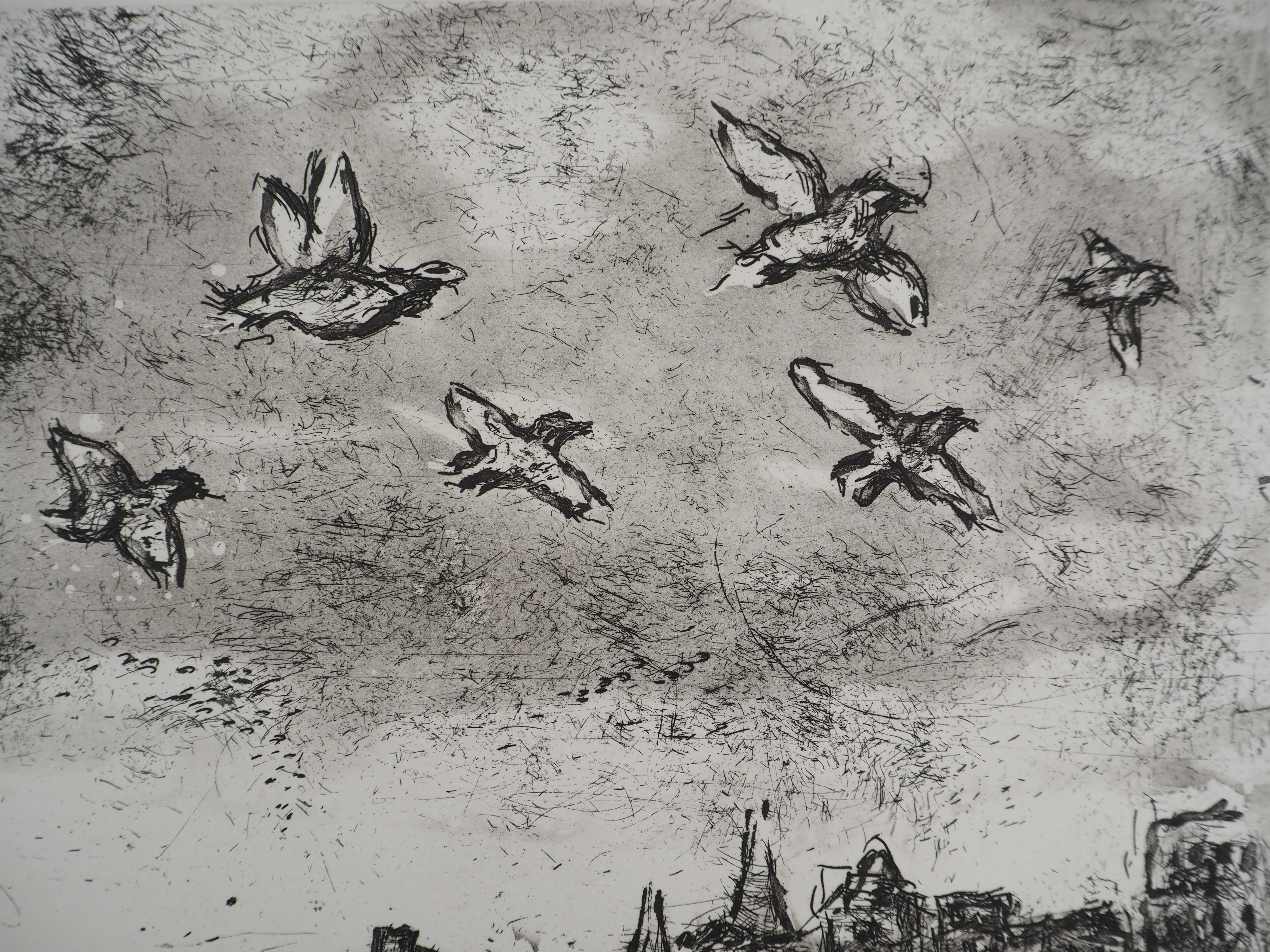 Marc CHAGALL : Et sur la Terre, Foule et oiseaux, Gravure originale - Image 6