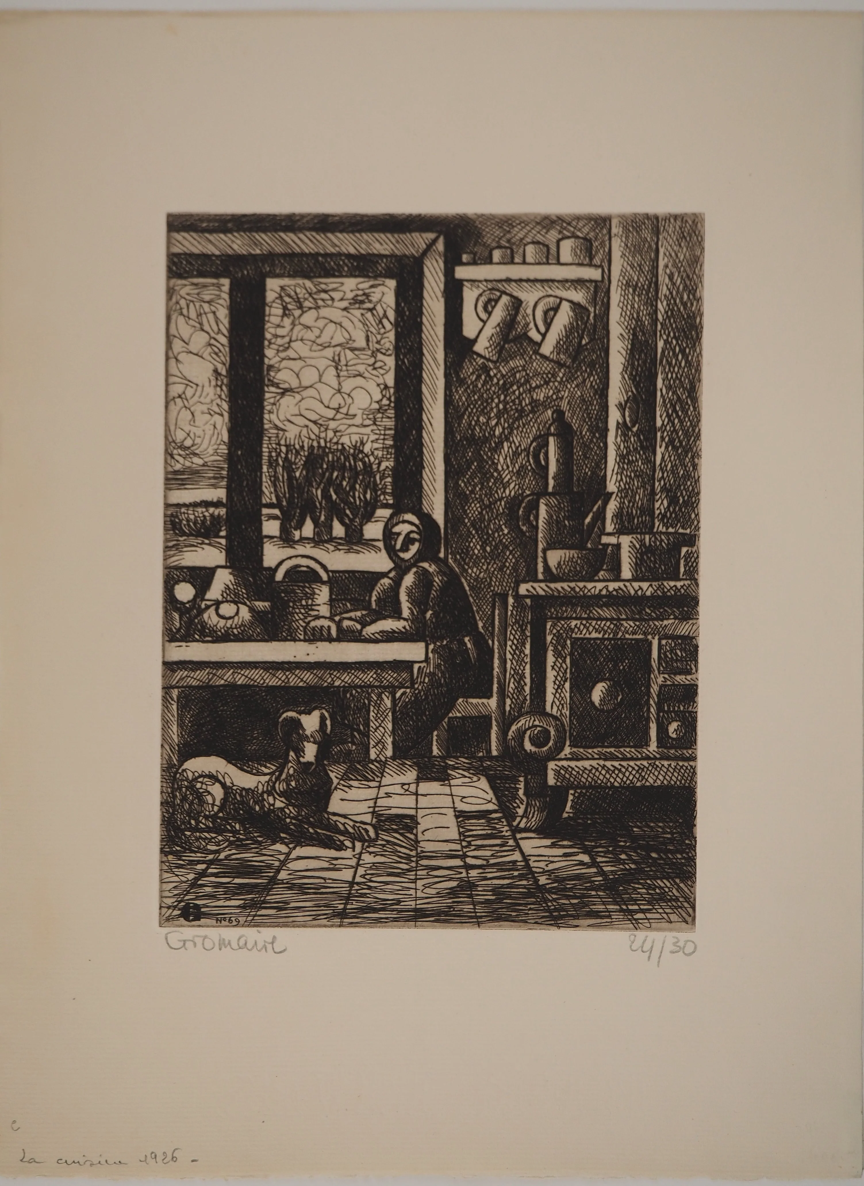 Marcel GROMAIRE : Maison de campagne, la cuisine, Gravure originale signée