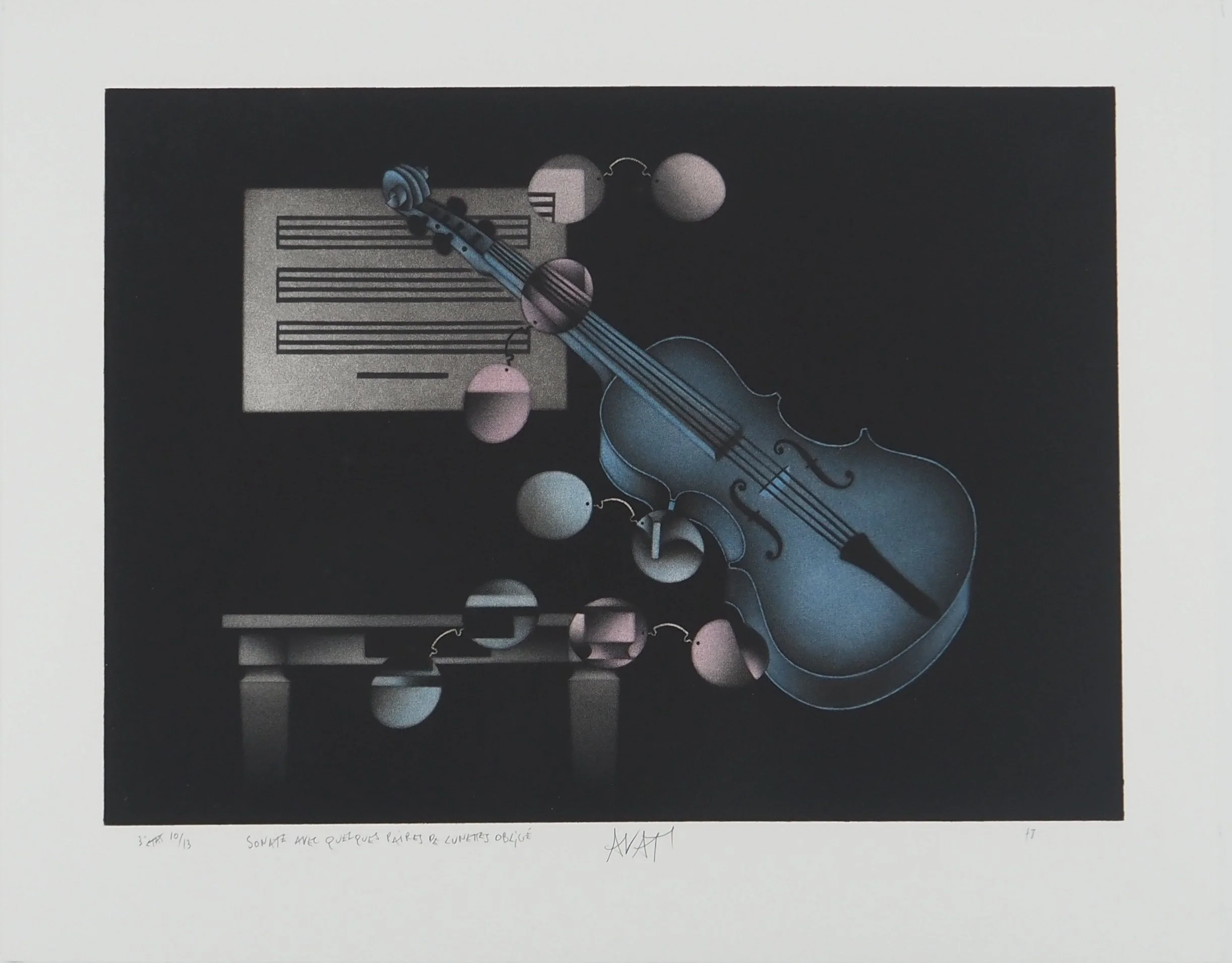 Mario AVATI : Sonate avec quelques paires de lunettes, Gravure originale signée