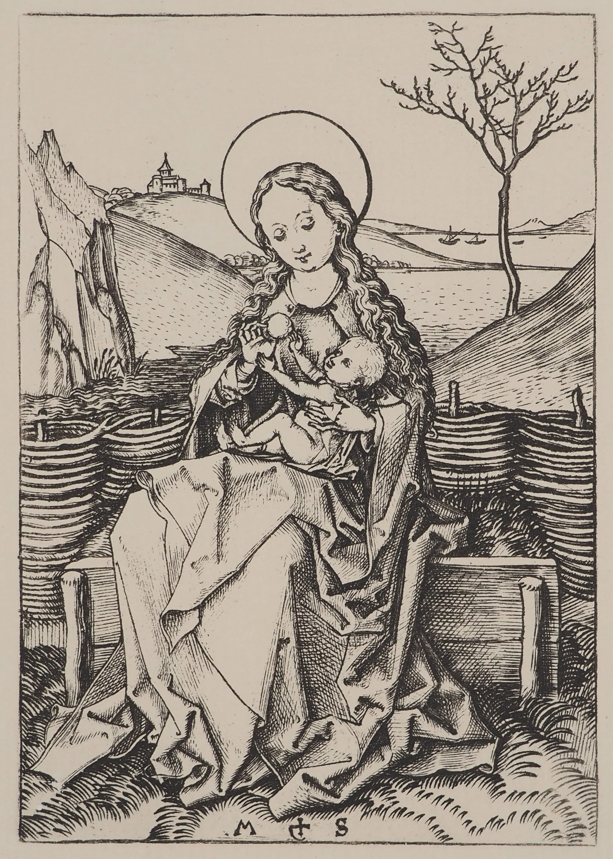 Martin SCHONGAUER : La Madone et l'enfant Jésus, Gravure signée