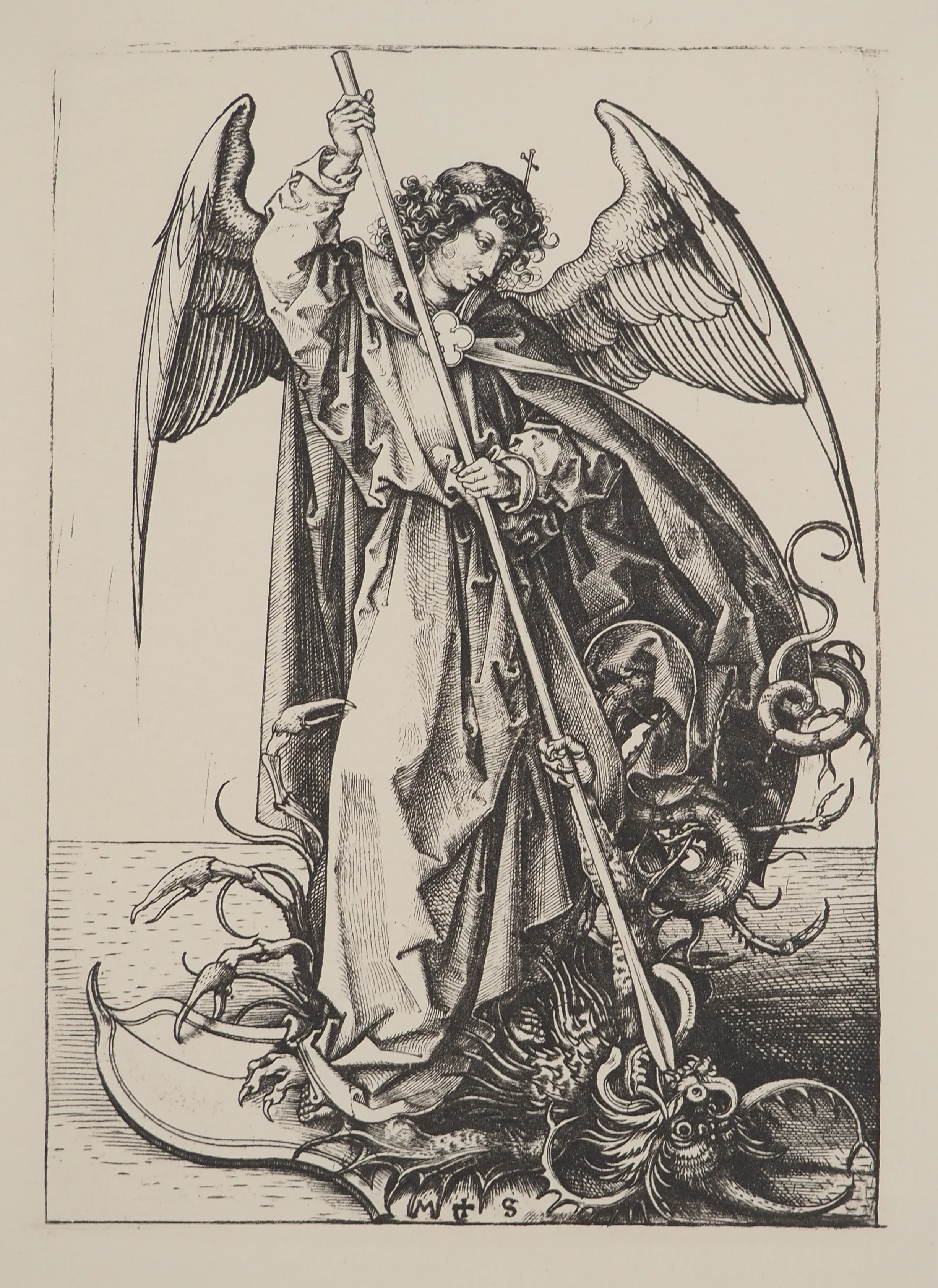 Martin SCHONGAUER : Saint Michel et le dragon, Gravure signée