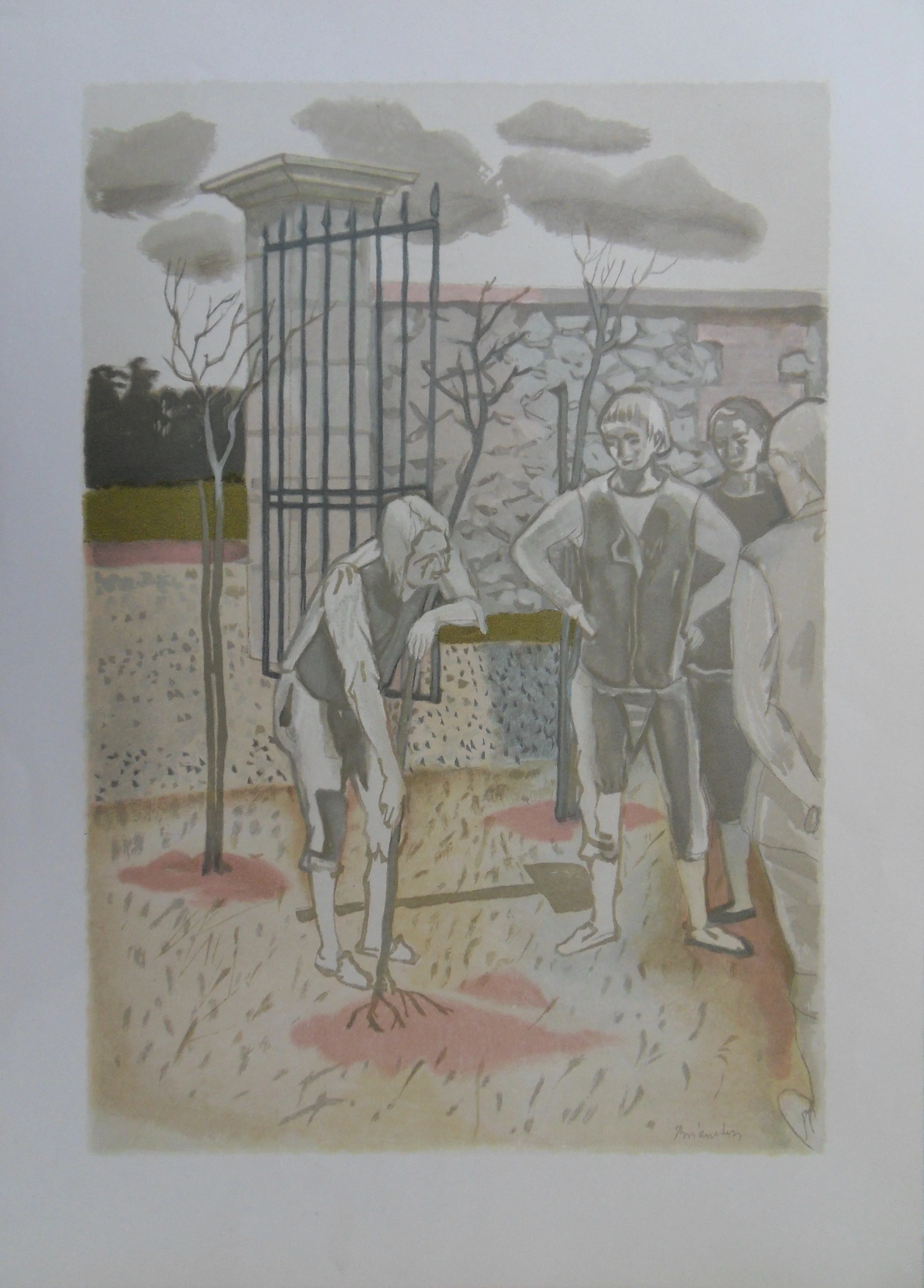 Maurice BRIANCHON : Le vieillard et les trois jeunes hommes, Gravure signée