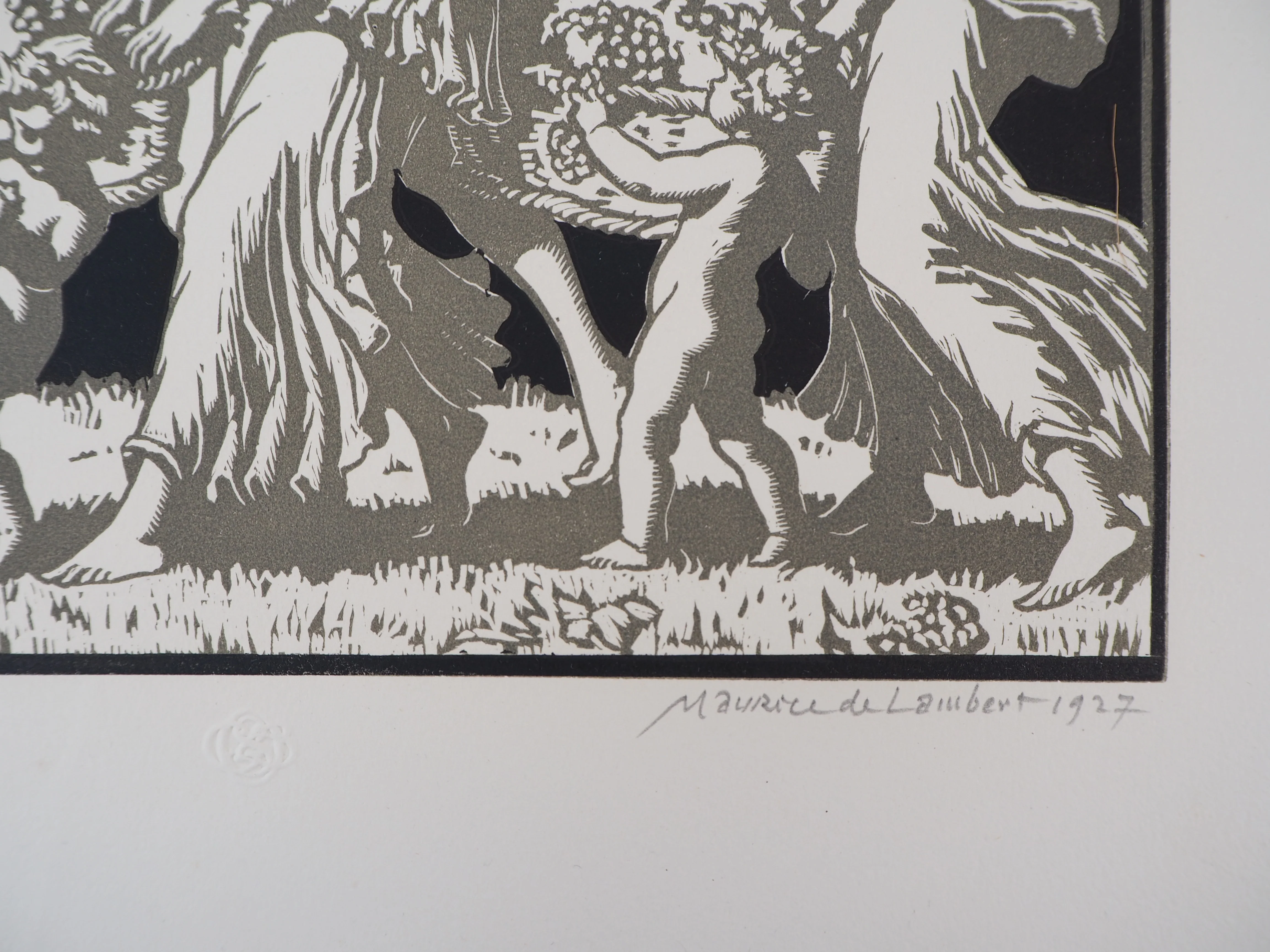 Maurice De LAMBERT : Hommage à Bacchus, les vendanges, Gravure sur bois originale signée - Image 2