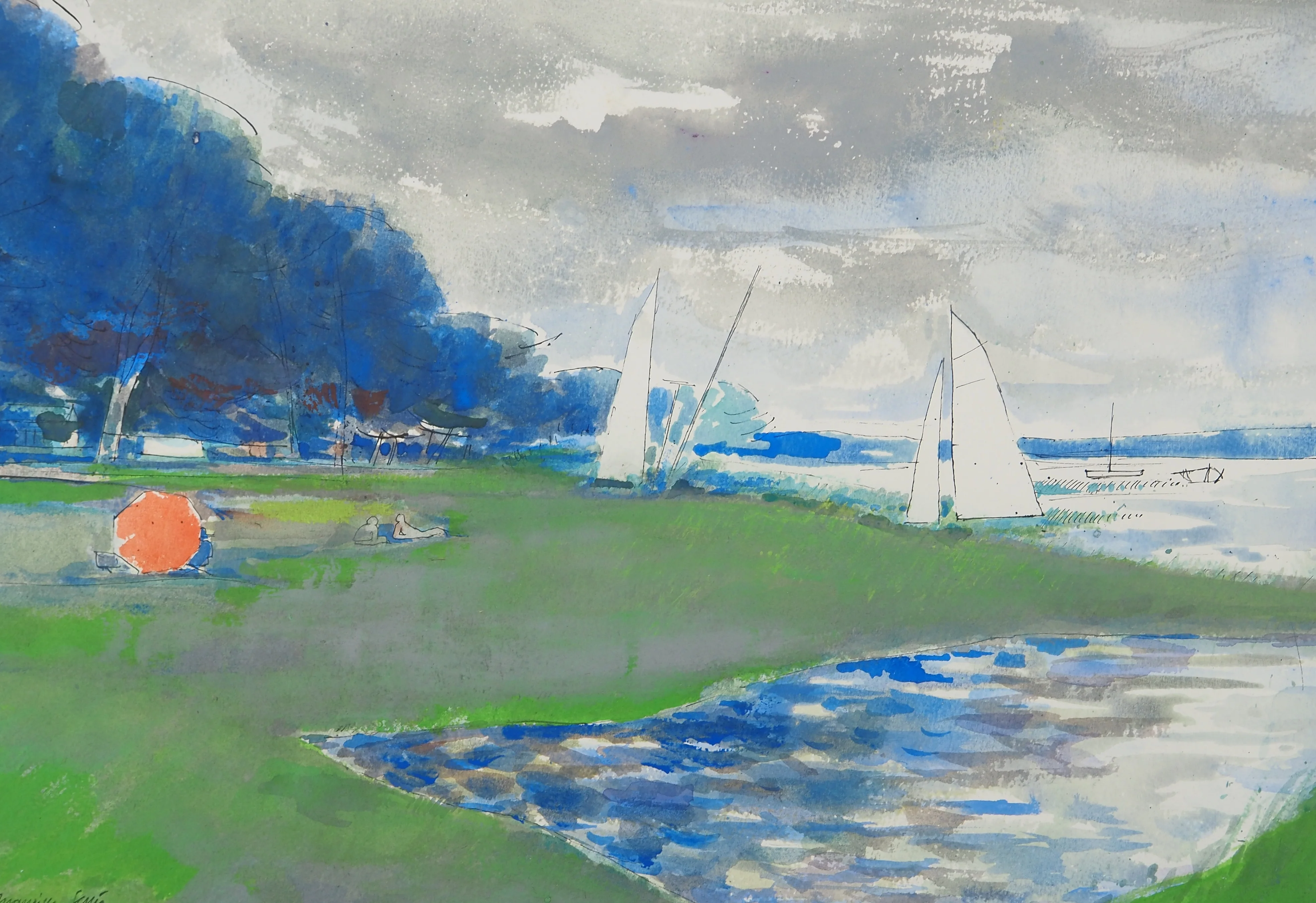 Maurice GENIS : Après-midi au bord du lac d'Annecy, Aquarelle originale - Image 3