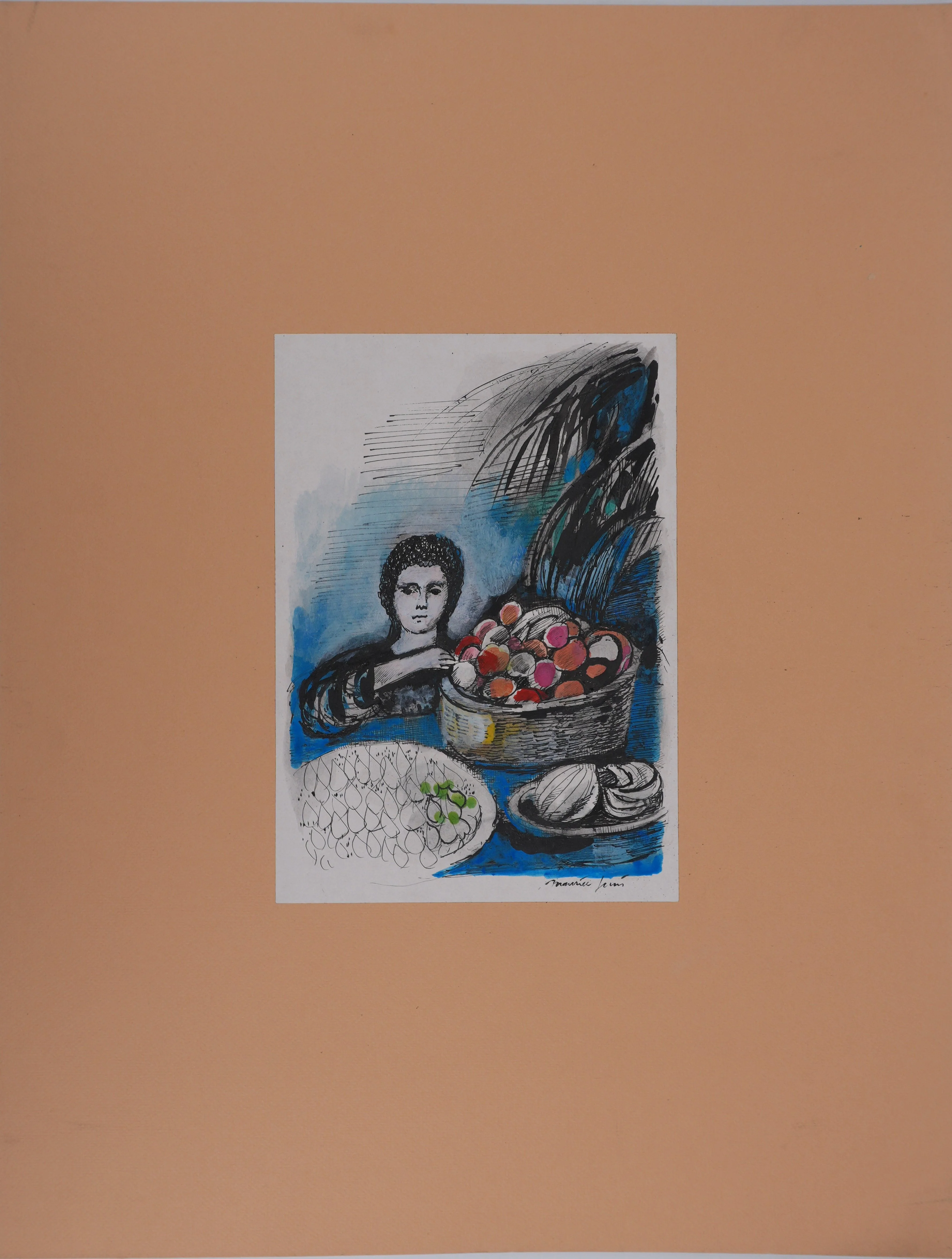 Maurice GENIS : La vendeuse de fruit, Dessin original signé - Image 2