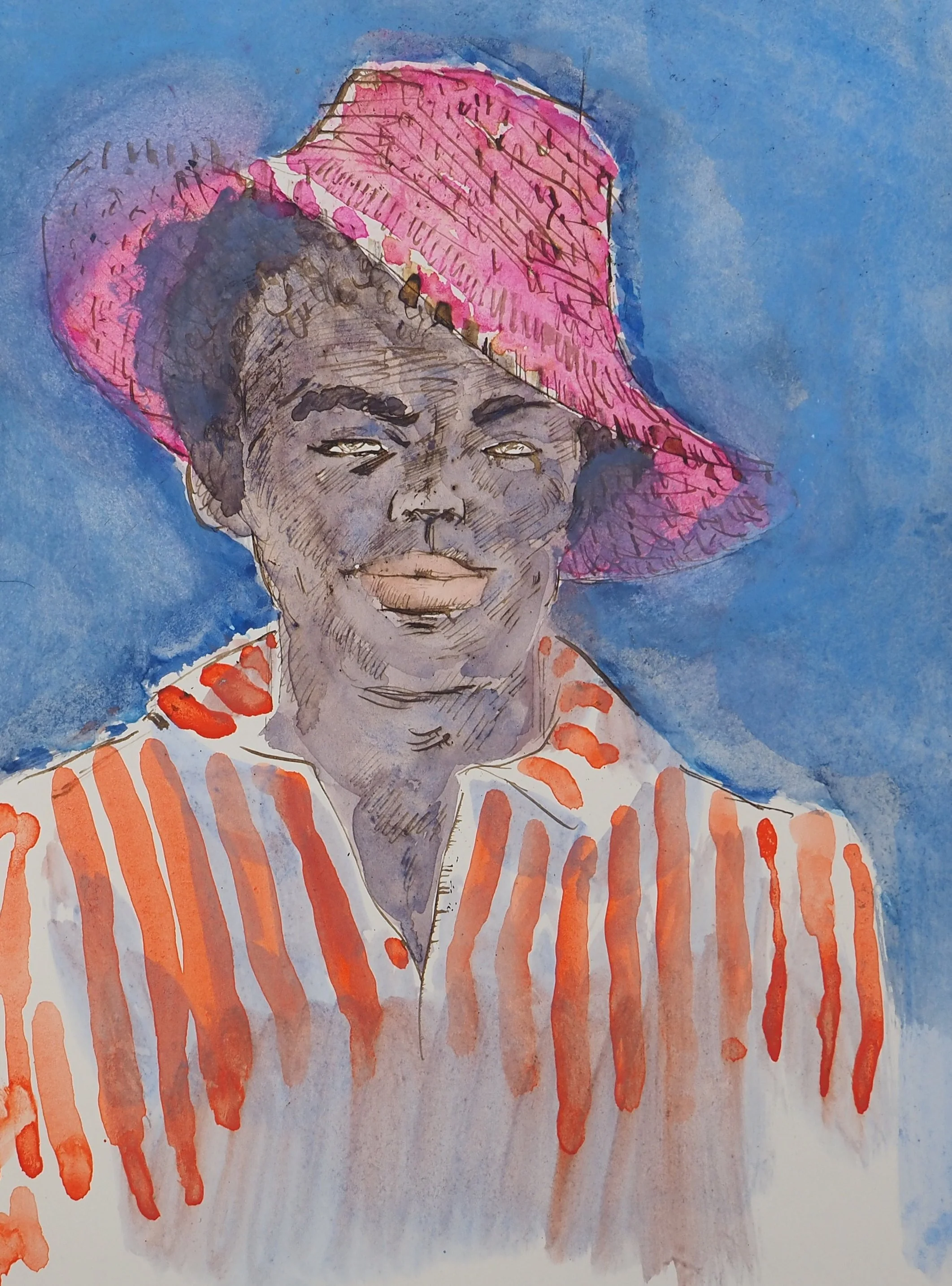 Maurice GENIS : Portrait à la chemise rayée, Aquarelle originale