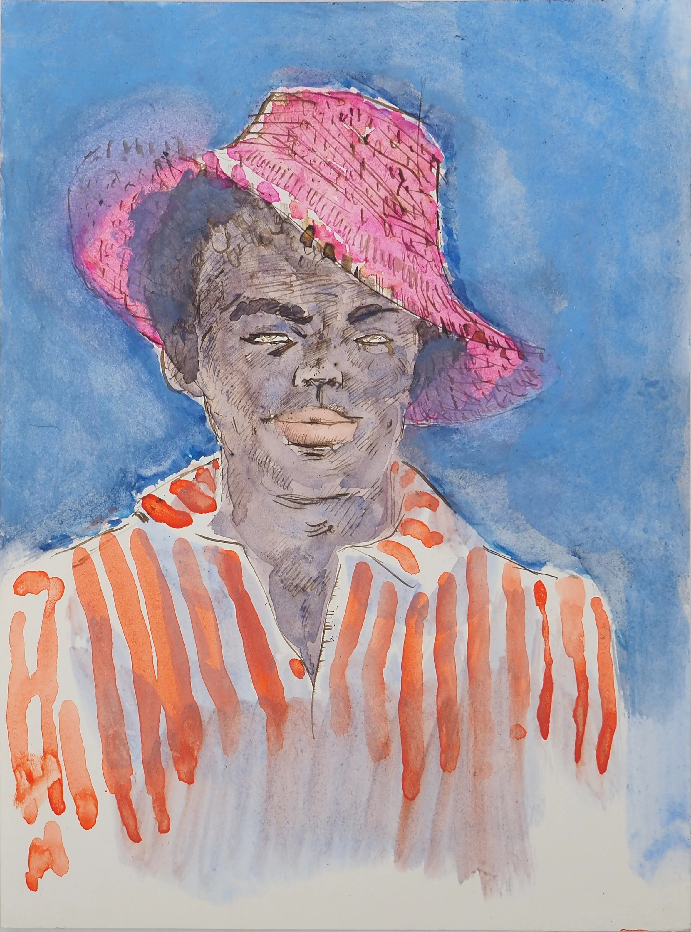 Maurice GENIS : Portrait à la chemise rayée, Aquarelle originale - Image 2