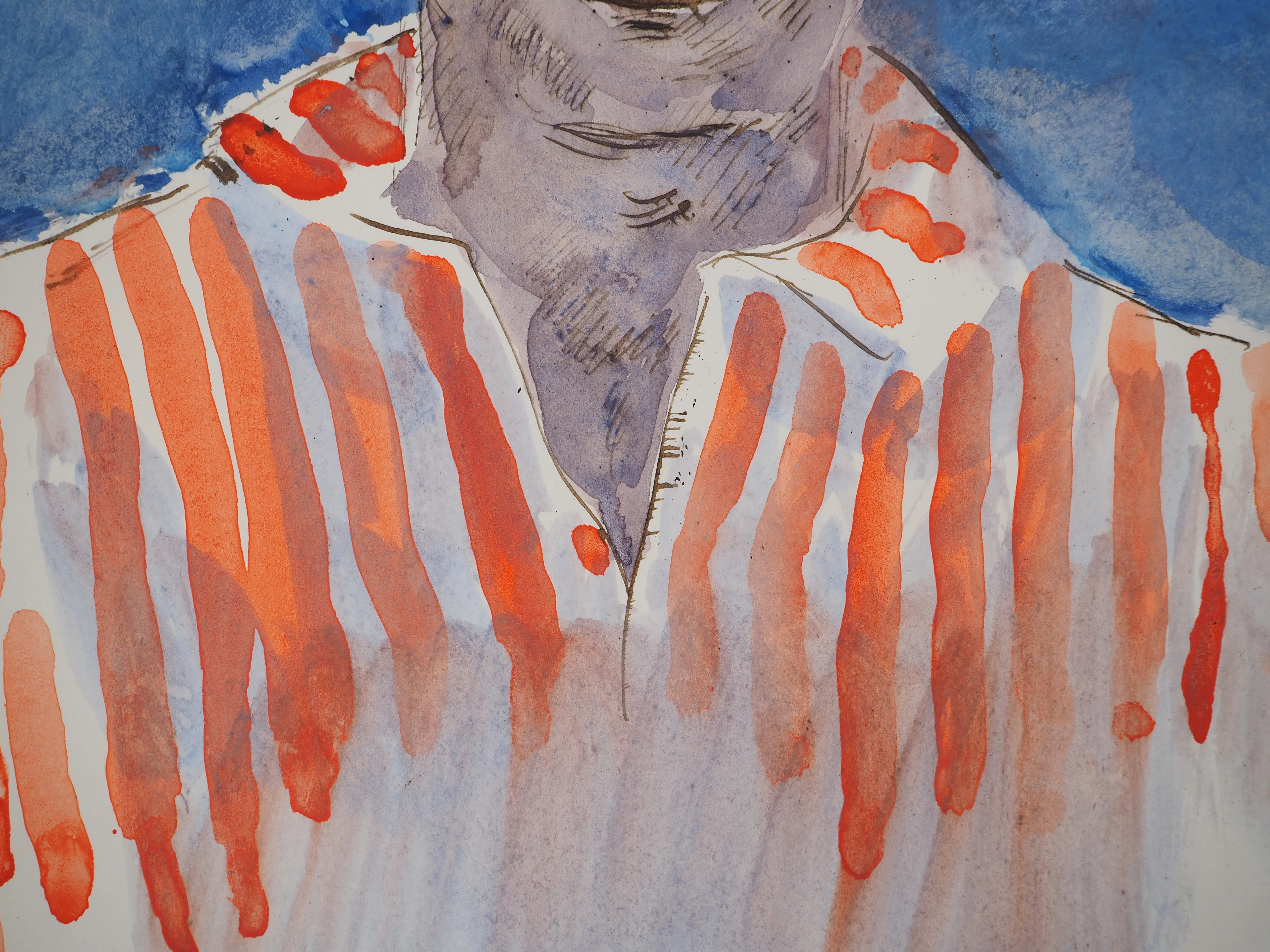 Maurice GENIS : Portrait à la chemise rayée, Aquarelle originale - Image 4