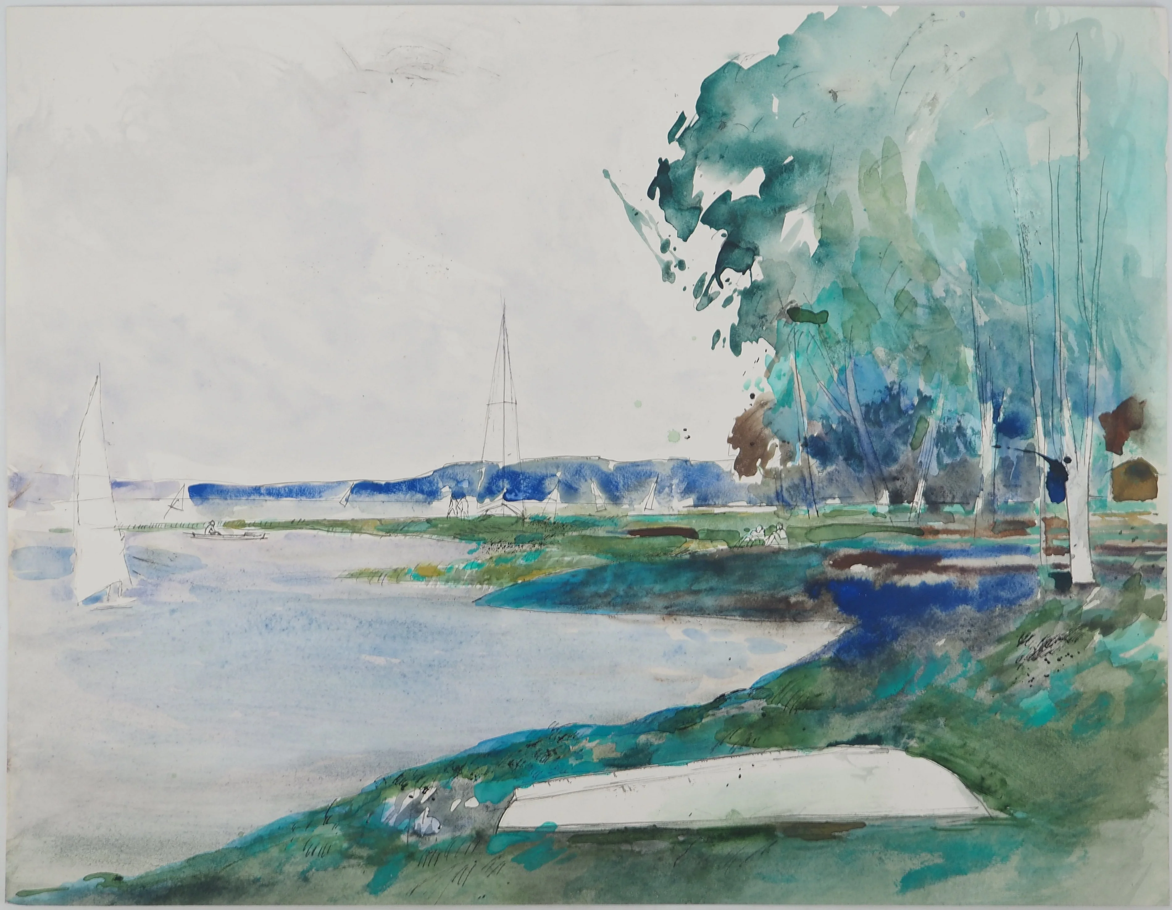 Maurice GENIS : Un été au bord de l'eau, Aquarelle originale