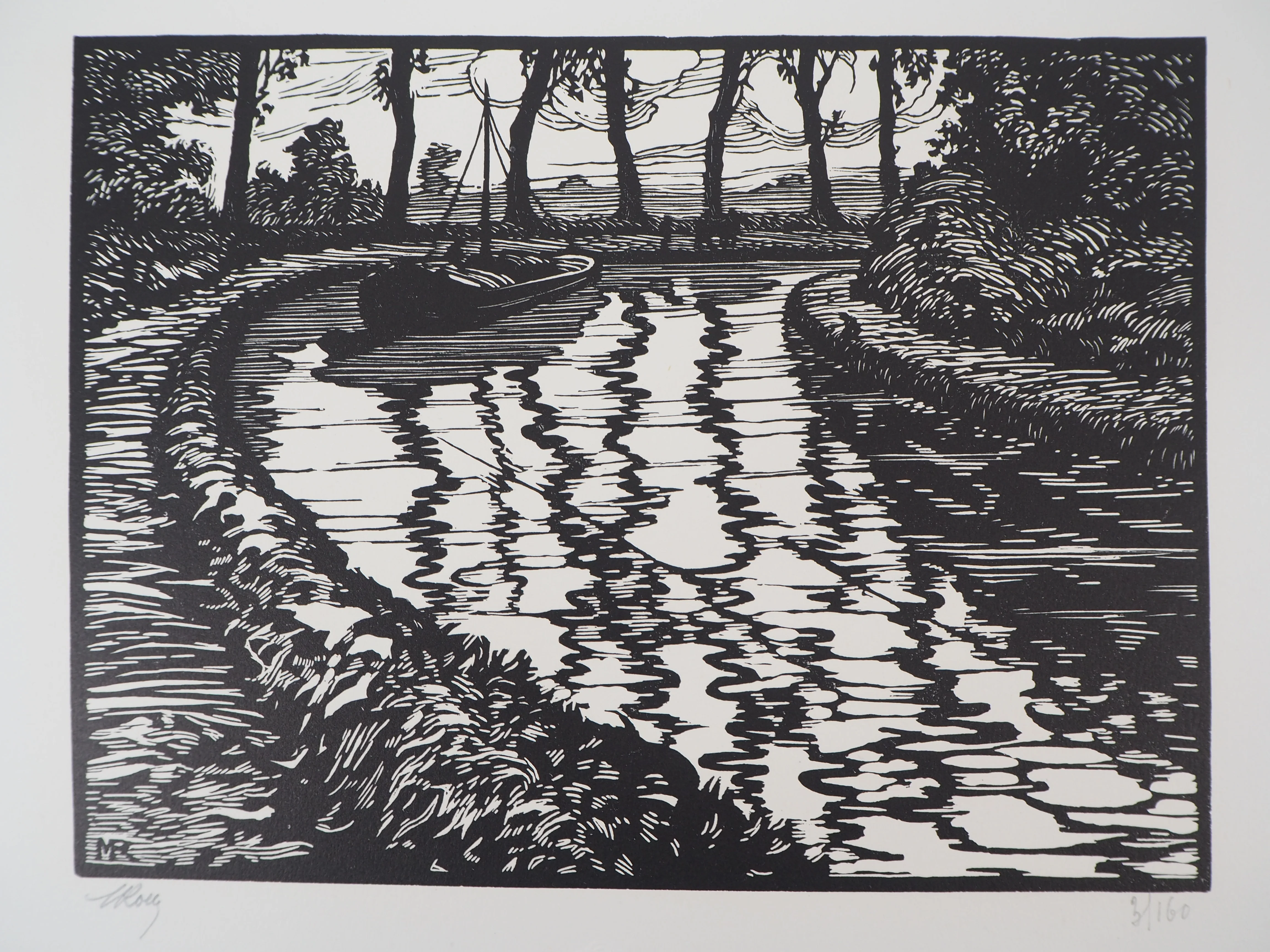 Maurice ROLLET : Le Canal, Gravure sur bois originale signée