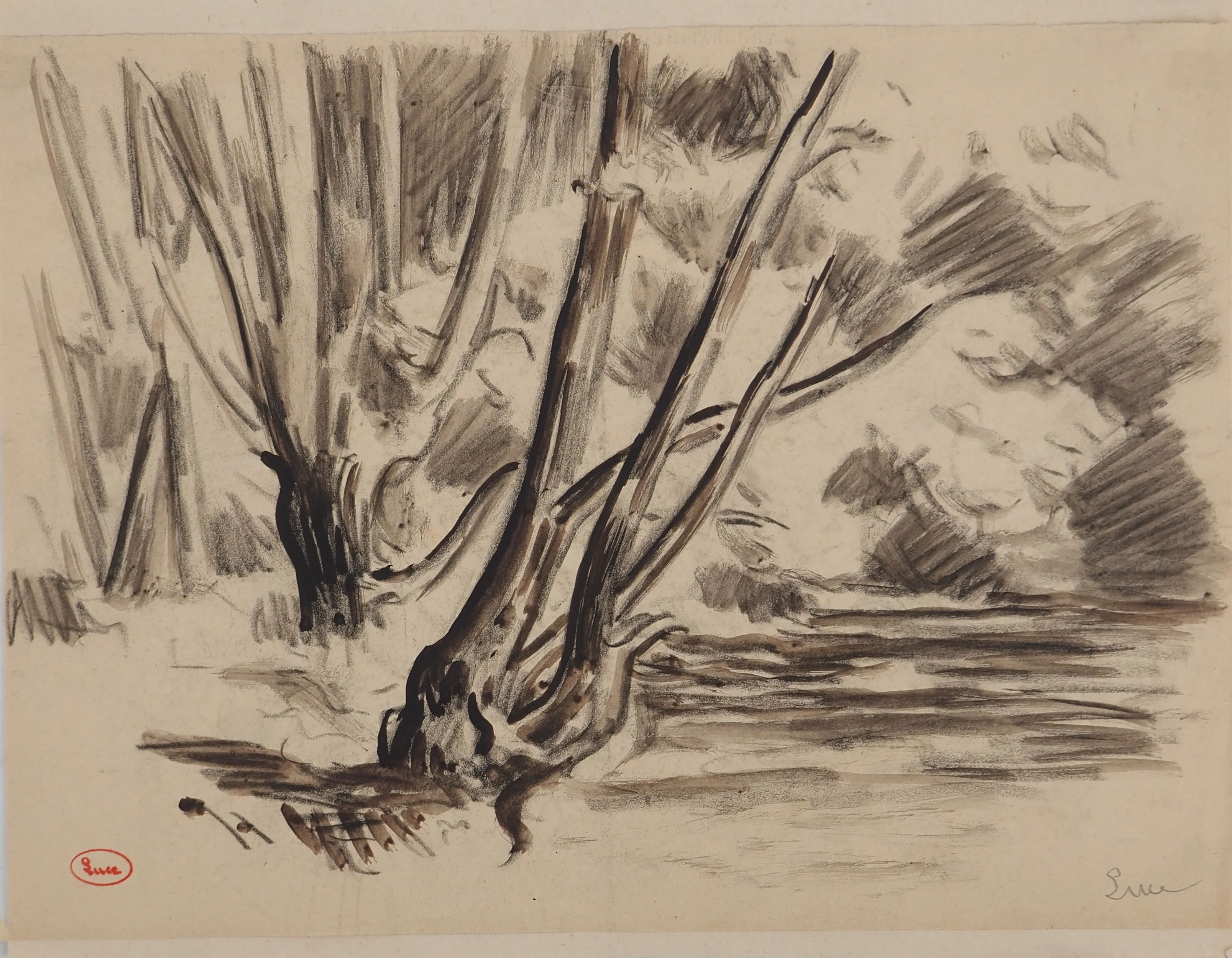 Maximilien LUCE : Bord du lac, Dessin original signé