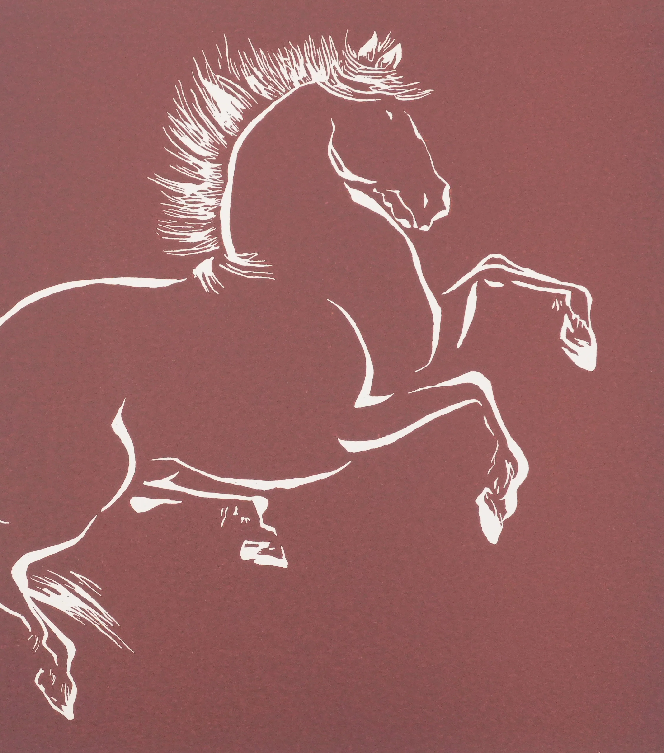 Mokuchu URUSHIBARA : Estampe japonaise, Cheval cabré (rouge), Gravure sur bois signée - Image 4