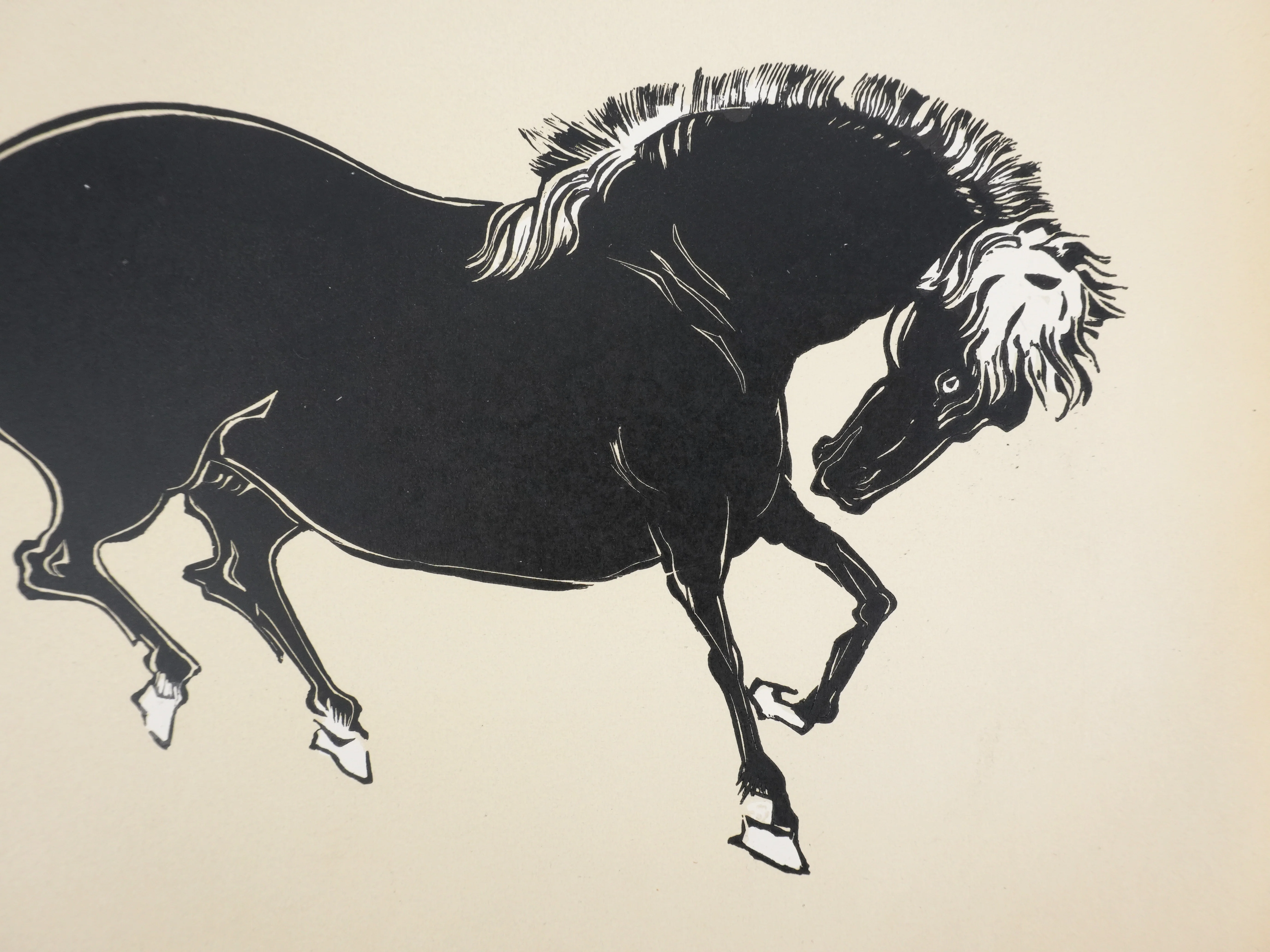 Mokuchu URUSHIBARA : Estampe japonaise, Cheval faisant la révérence (crème), Gravure sur bois signée - Image 4