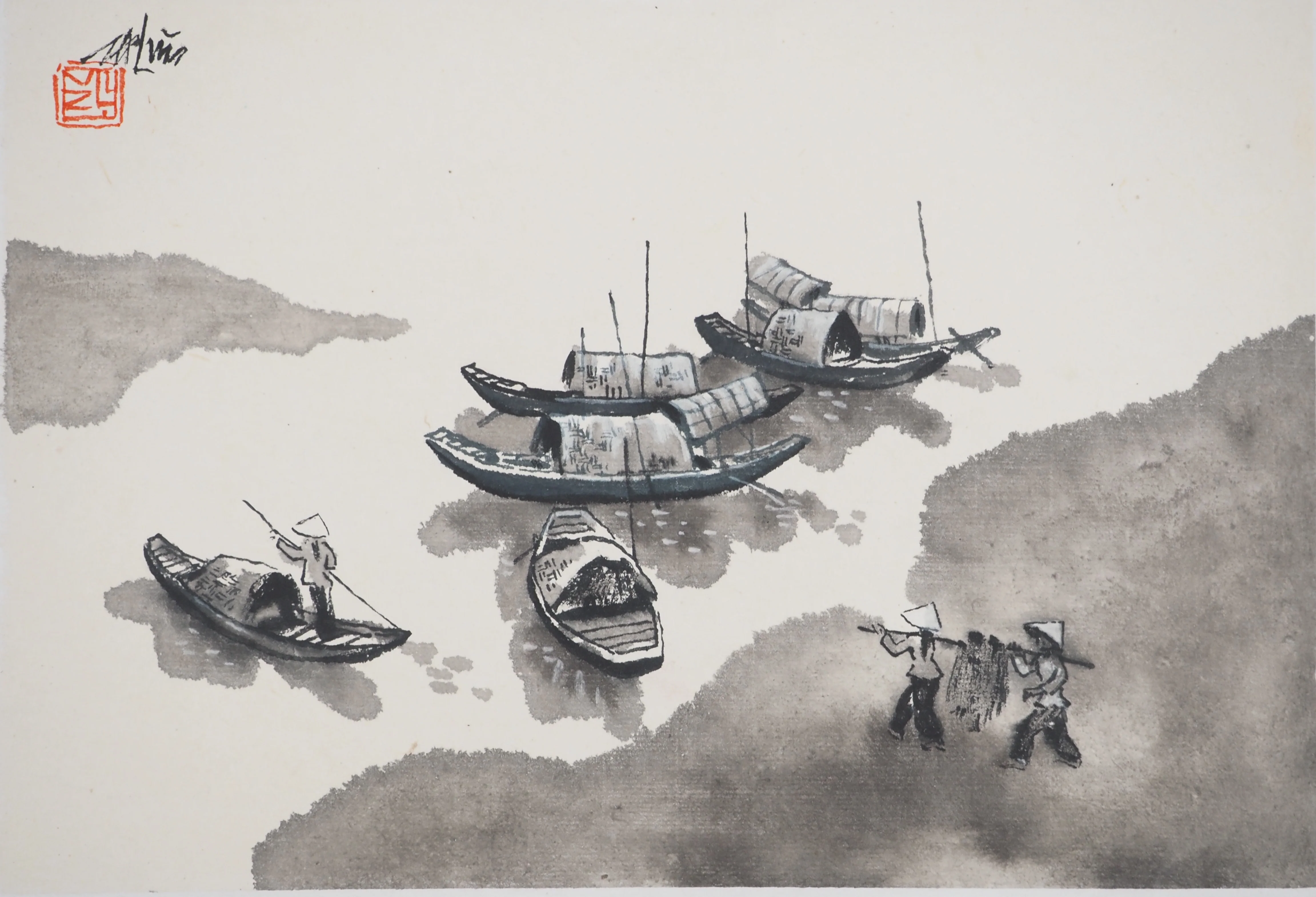 NGUYEN VAN LUU : Vietnam, Village de pêcheurs, Dessin original signé - Image 3