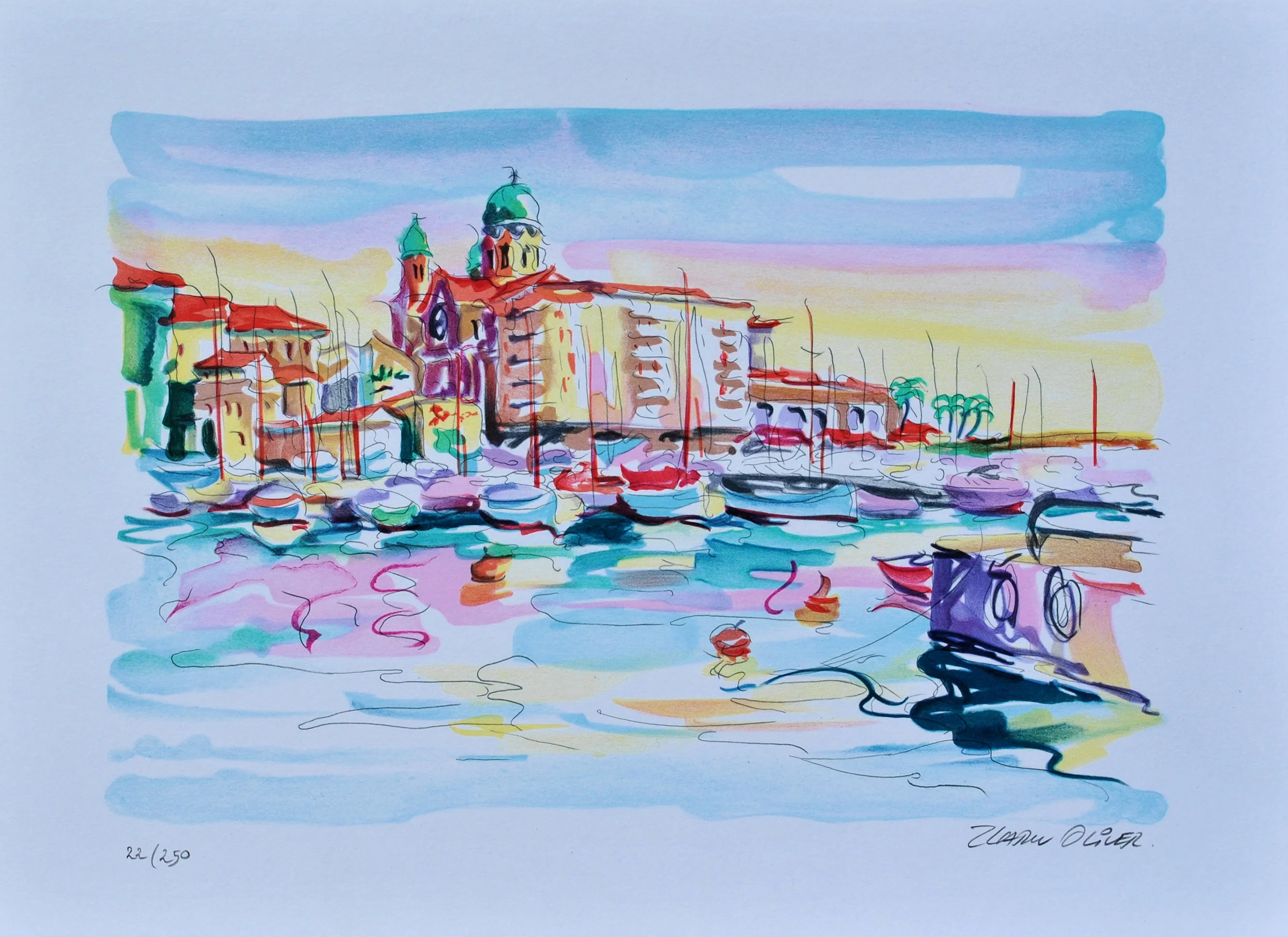 Olivier ZLADKU : Vieux port de Saint Tropez, Lithographie originale signée
