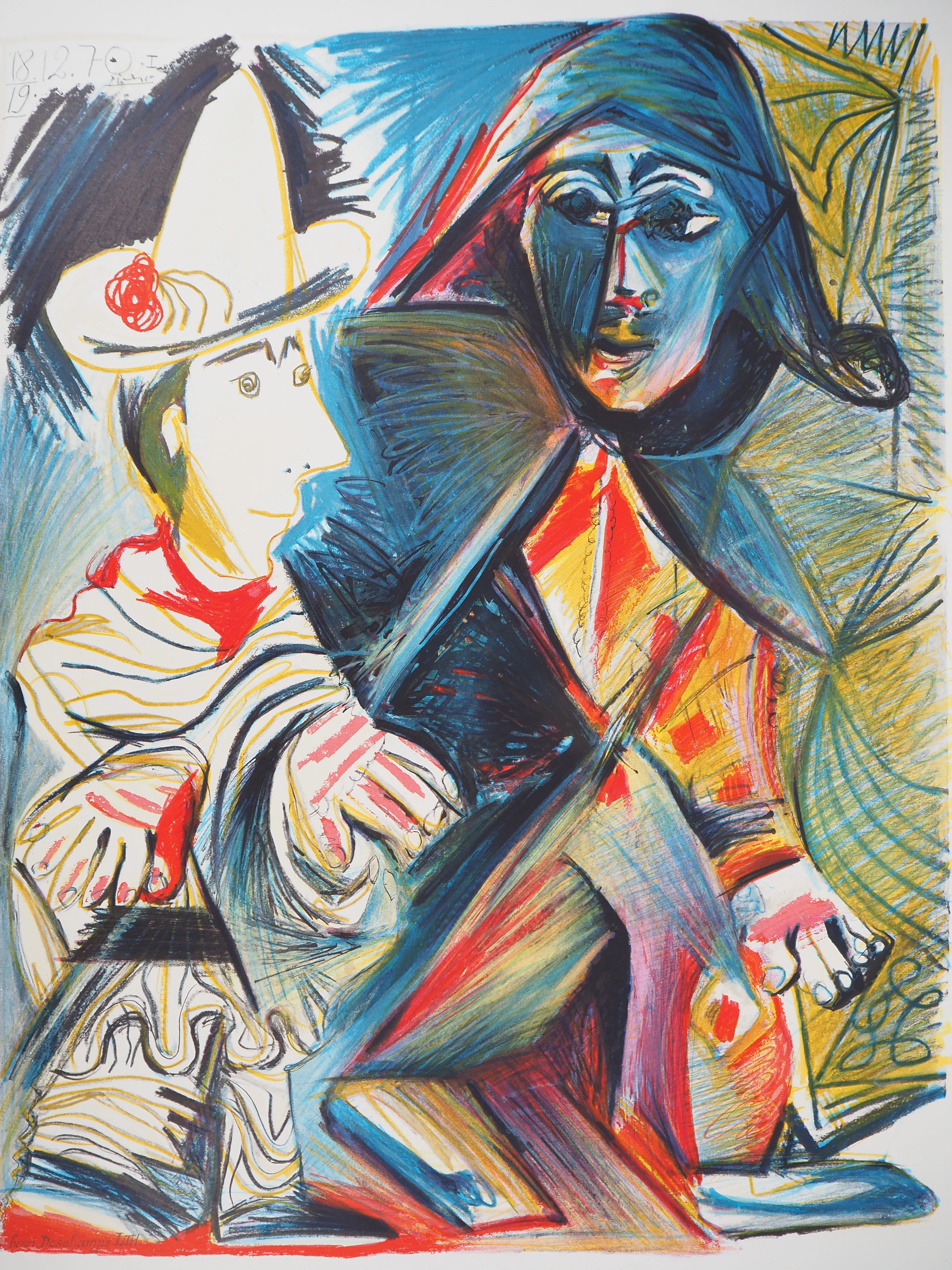 Pablo PICASSO : Arlequin et pierrot, Affiche en lithographie signée - Image 3