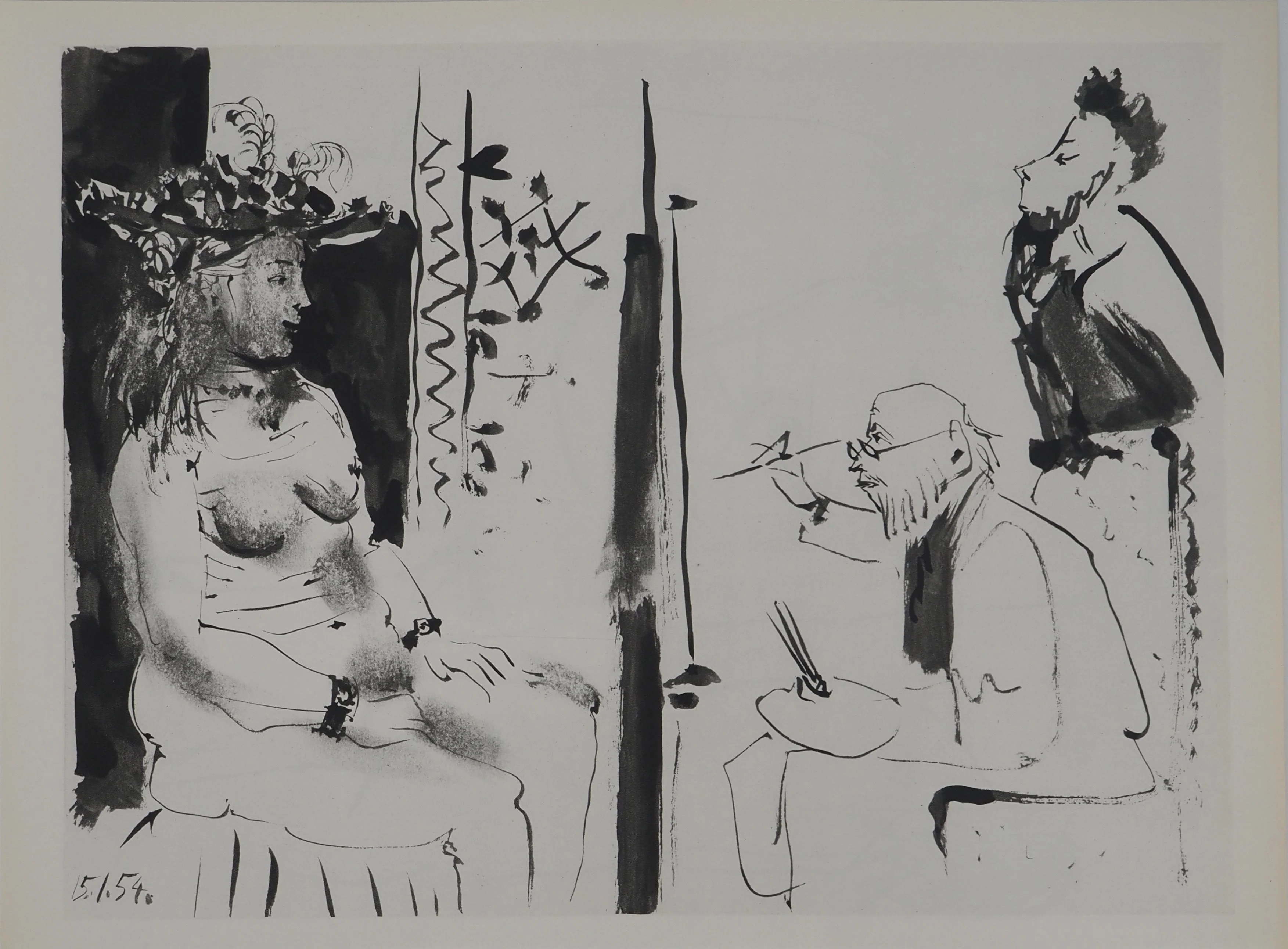 Pablo PICASSO : Comédie Humaine, L'artiste et le portrait de la femme à la coiffe, Héliogravure
