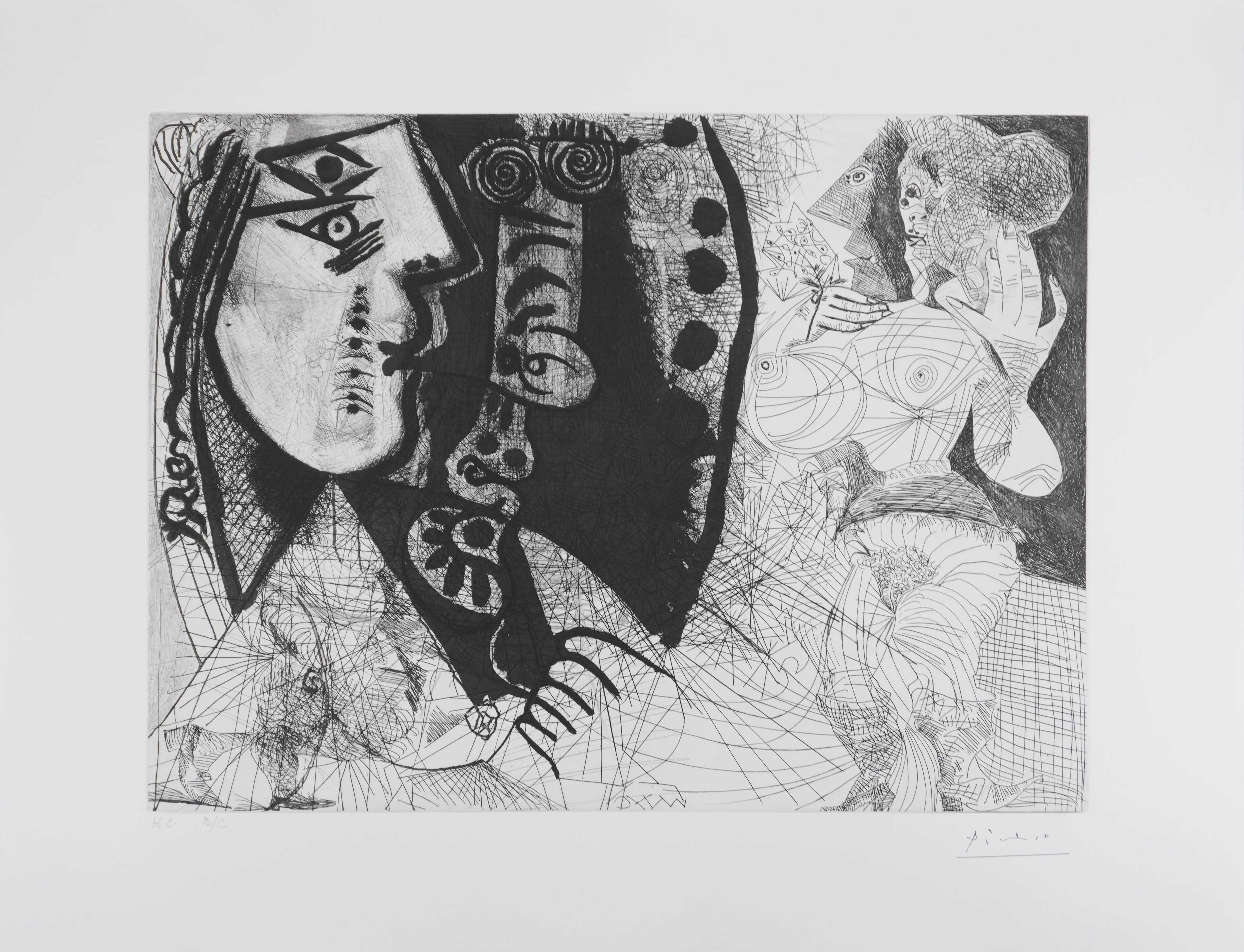 Pablo PICASSO : Les 156, Couple, femme et homme-chien. Avec femme à la fleur, Gravure originale signée