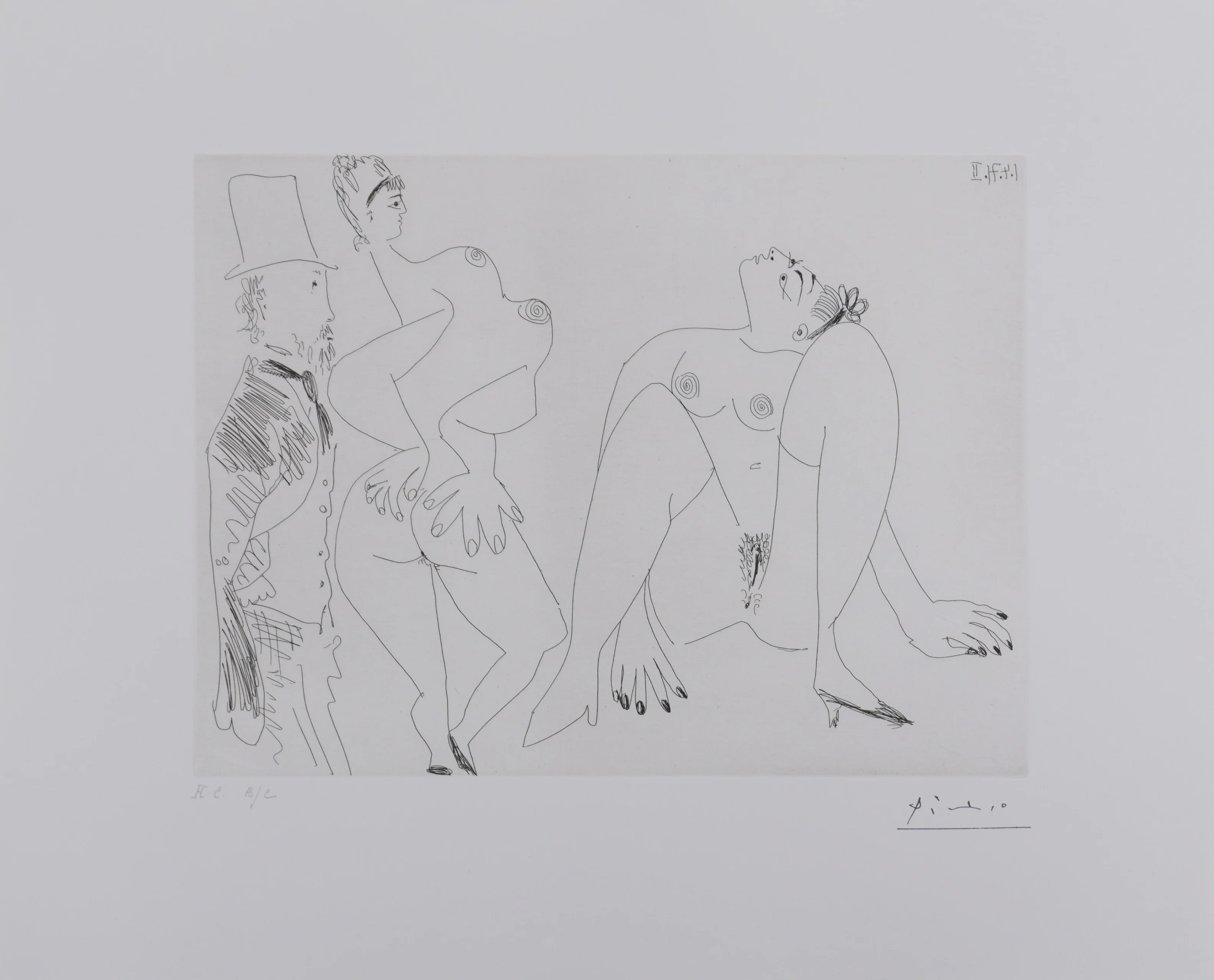 Pablo PICASSO : Les 156, Degas, les mains dans le dos, et deux filles, Gravure originale signée