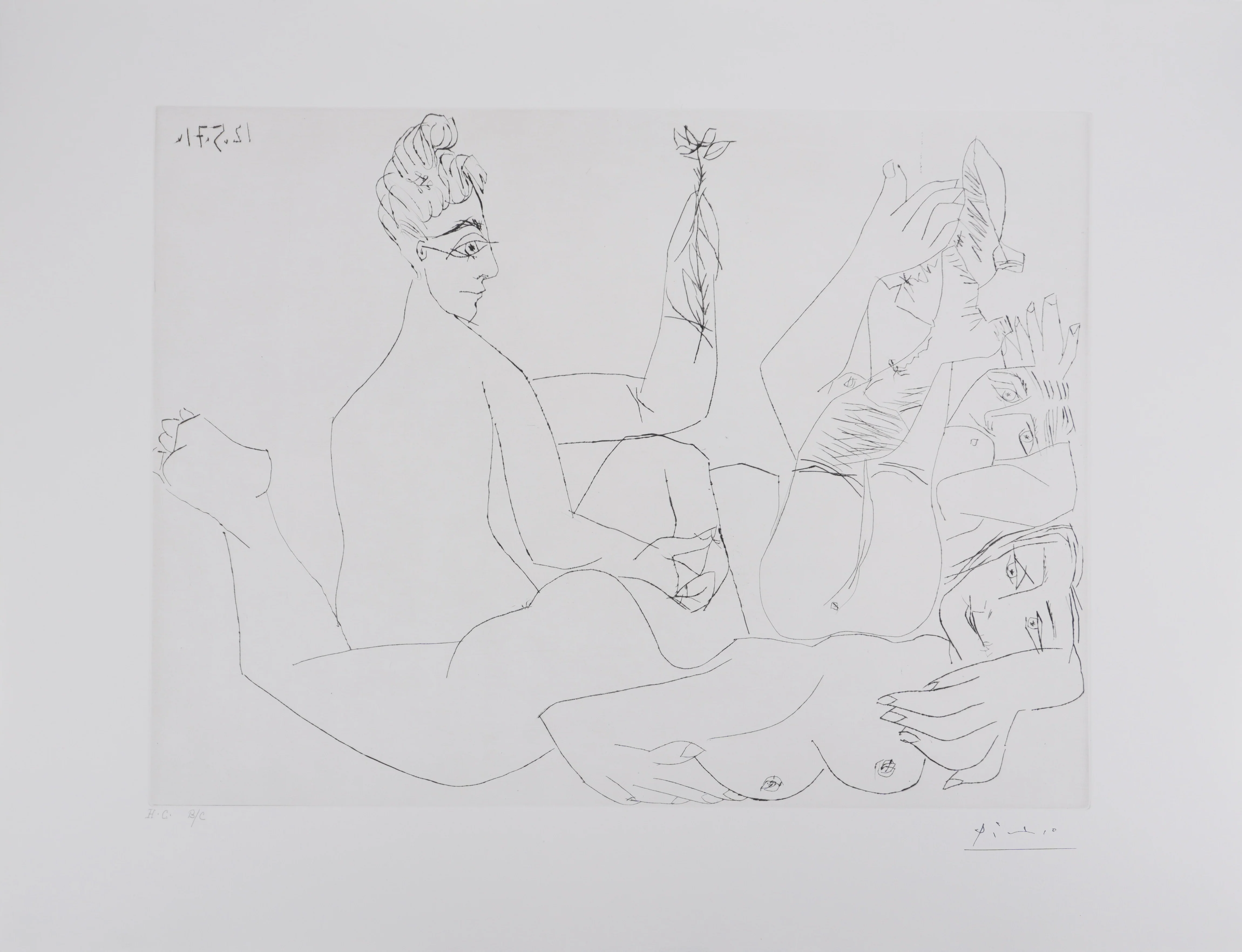 Pablo PICASSO : Les 156, Filles entre elles, dont une avec une fleur, Gravure originale signée