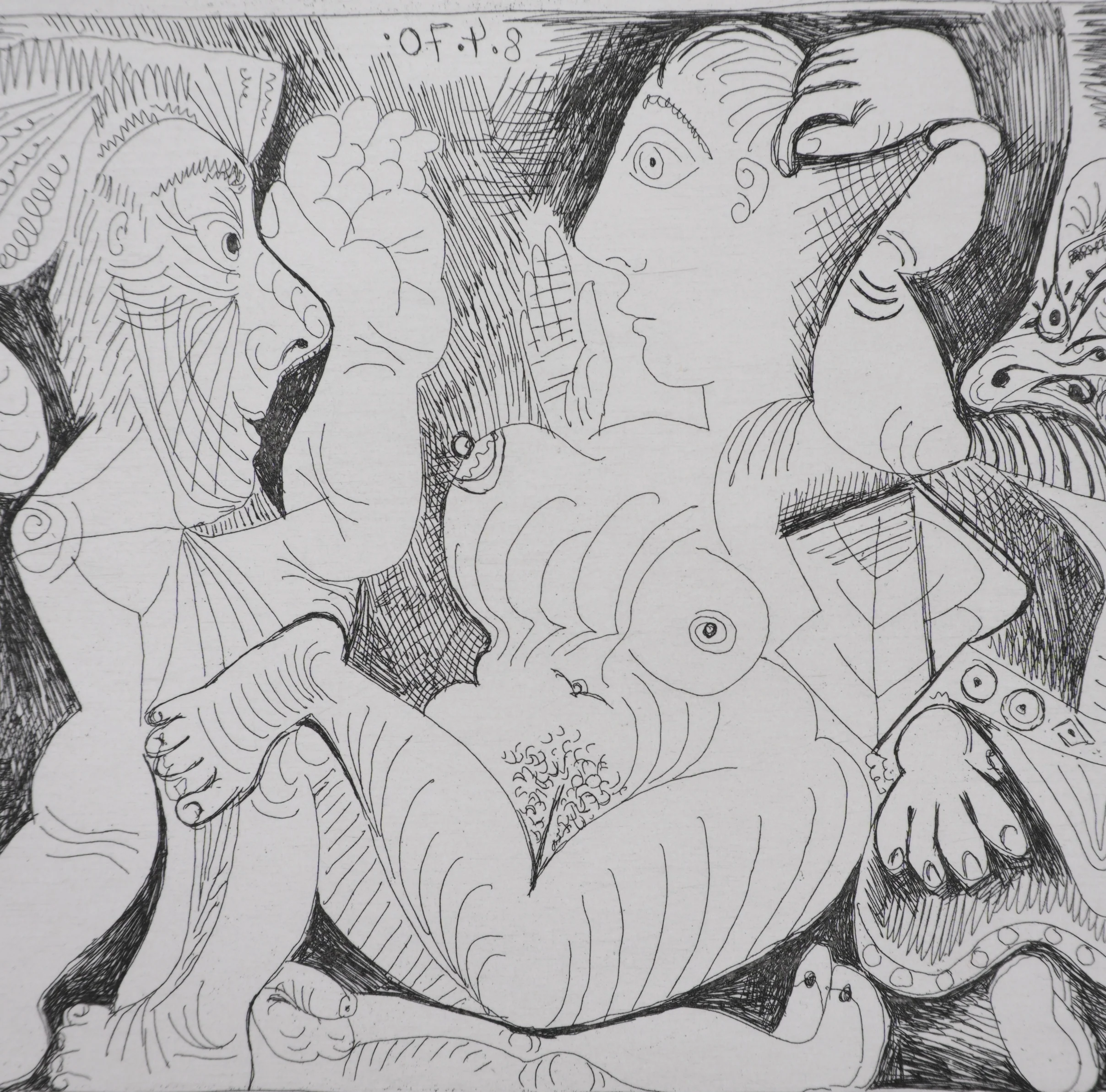 Pablo PICASSO : Les 156, Vieil homme et femme, avec un jeune athlète et un nain, Gravure originale signée - Image 5