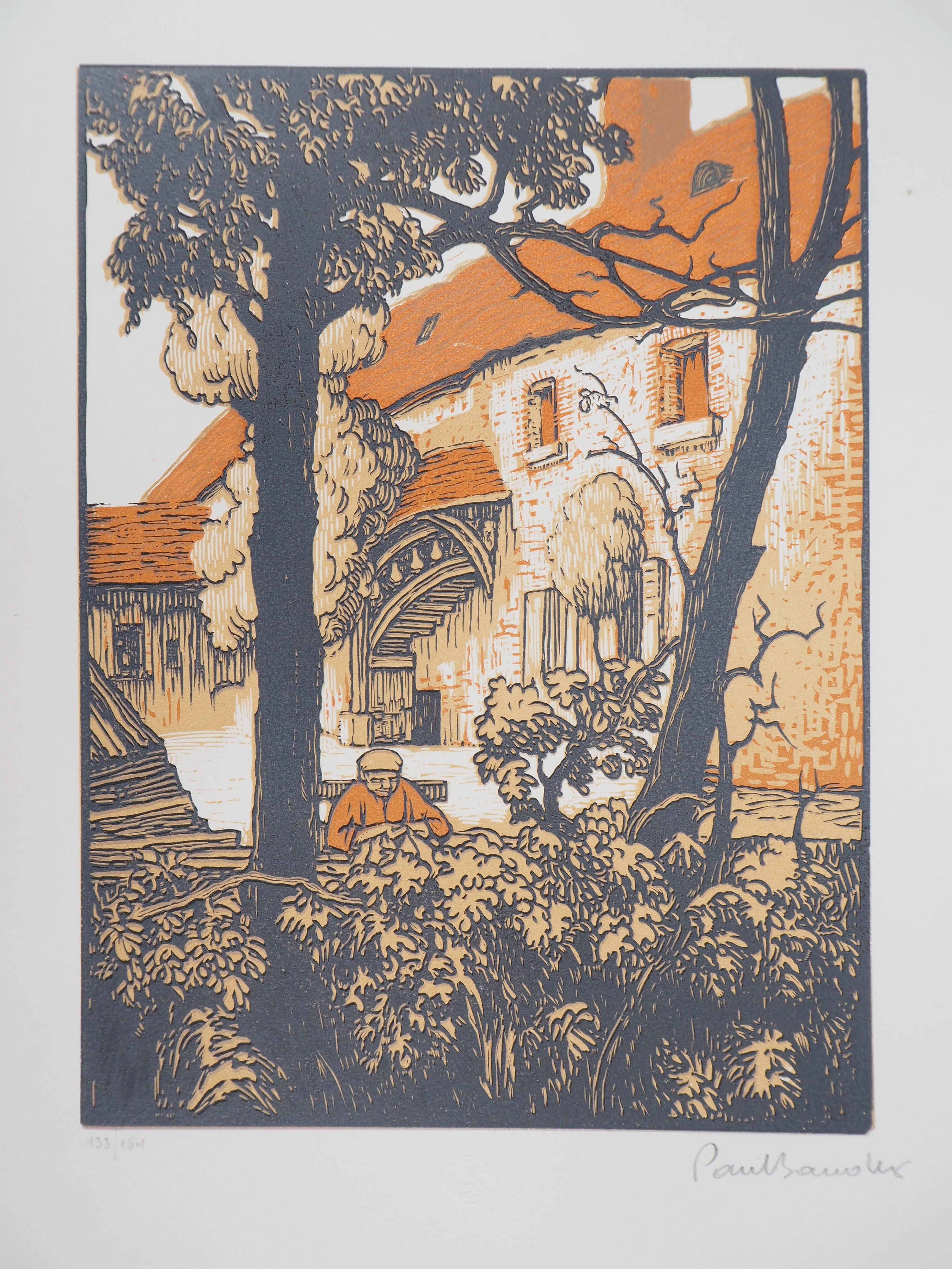 Paul BAUDIER : Vieille maison, Gravure sur bois originale signée