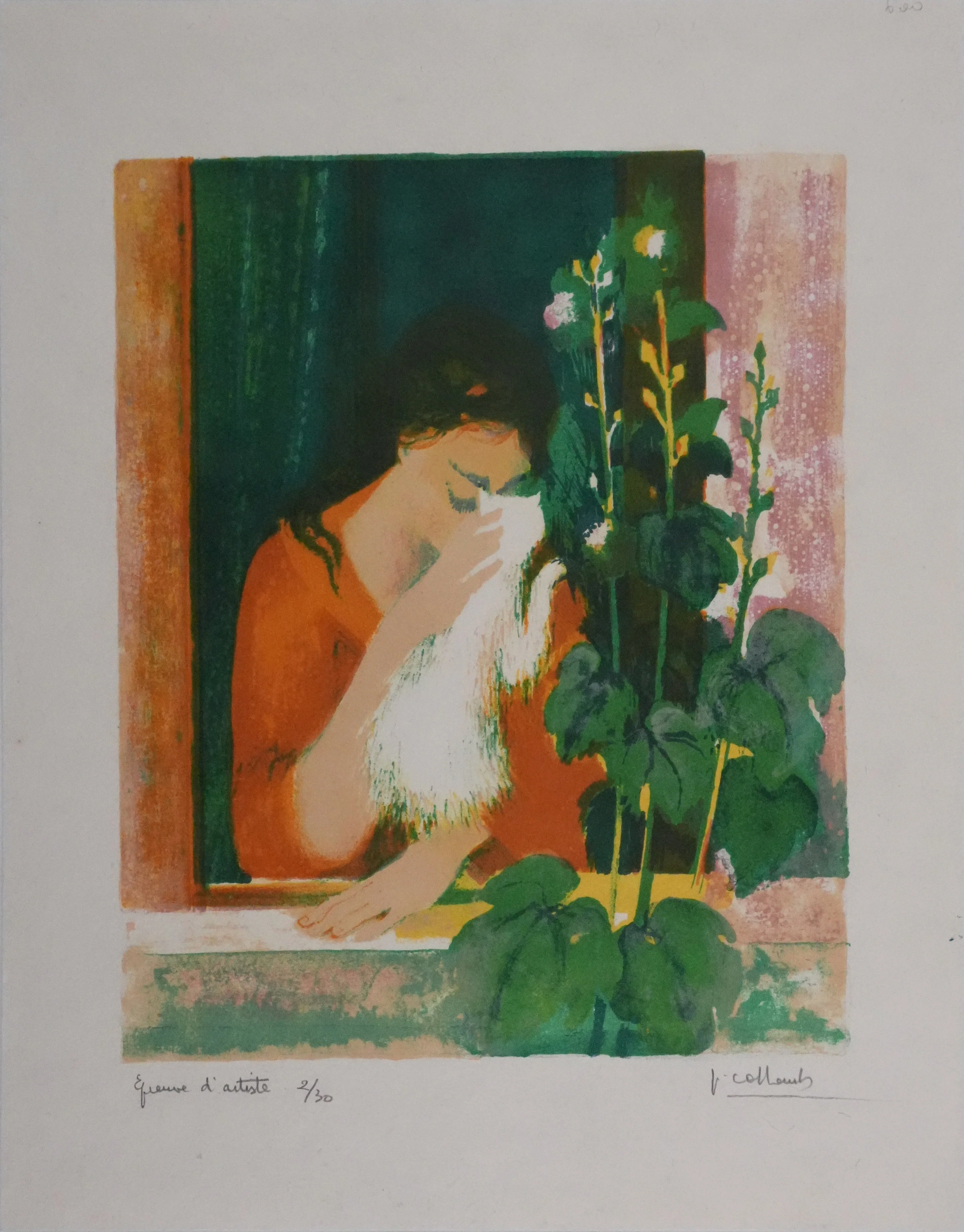Paul COLLOMB : Le chat blanc à la fenêtre, Lithographie originale signée