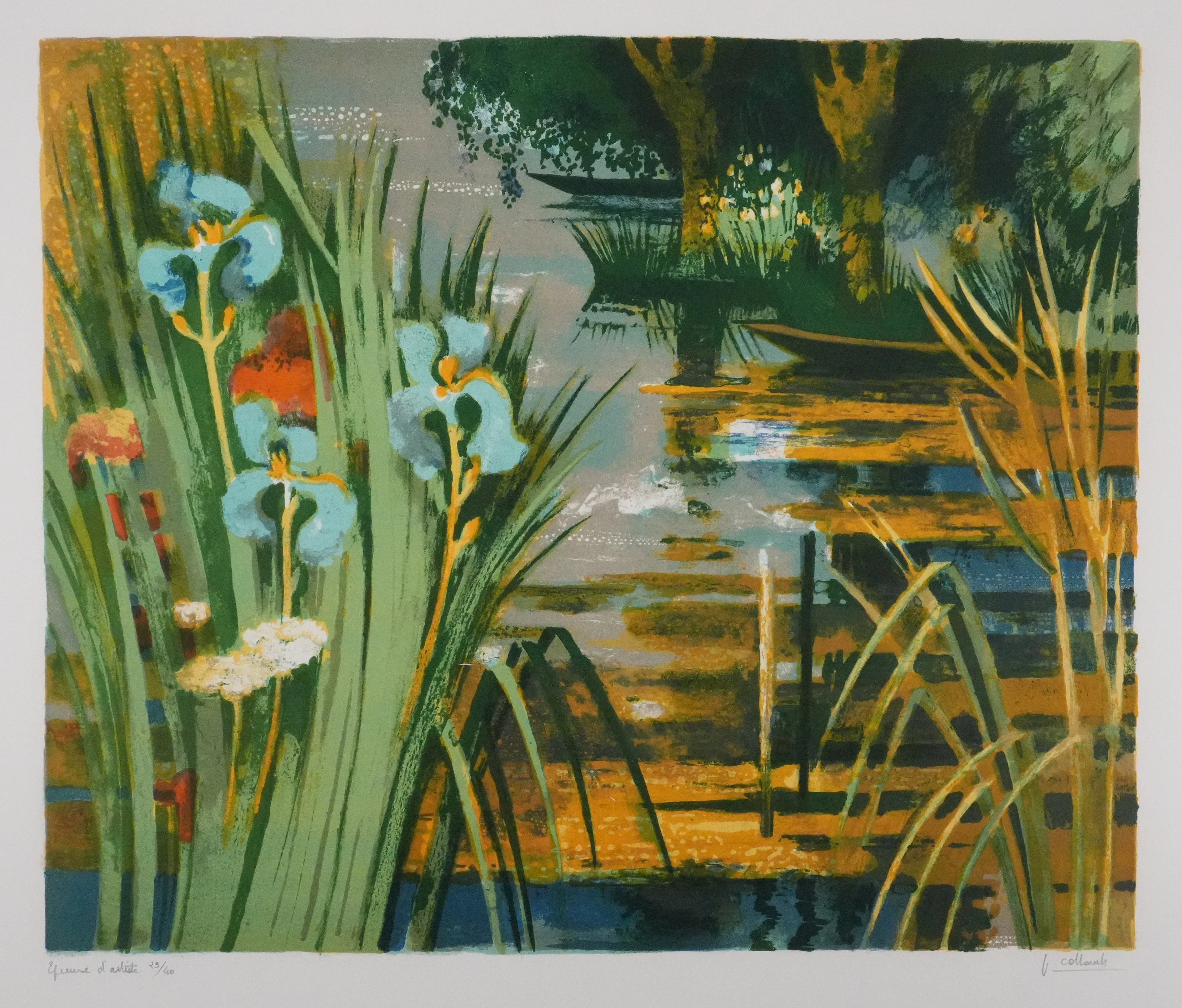 Paul COLLOMB : Les iris bleues, Lithographie originale signée - Image 3