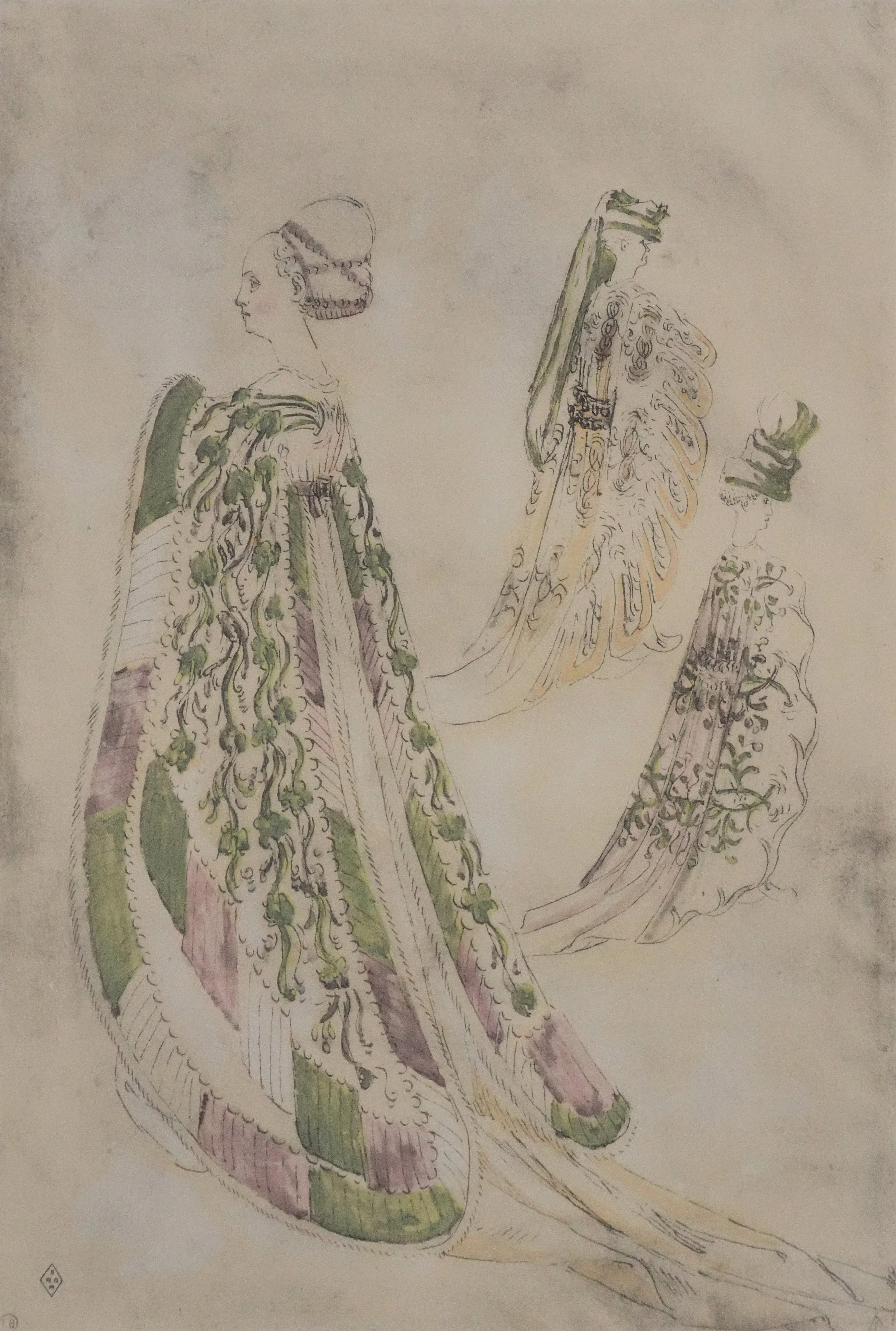 PISANELLO : Etude pour costumes féminin, Lithographie et pochoir
