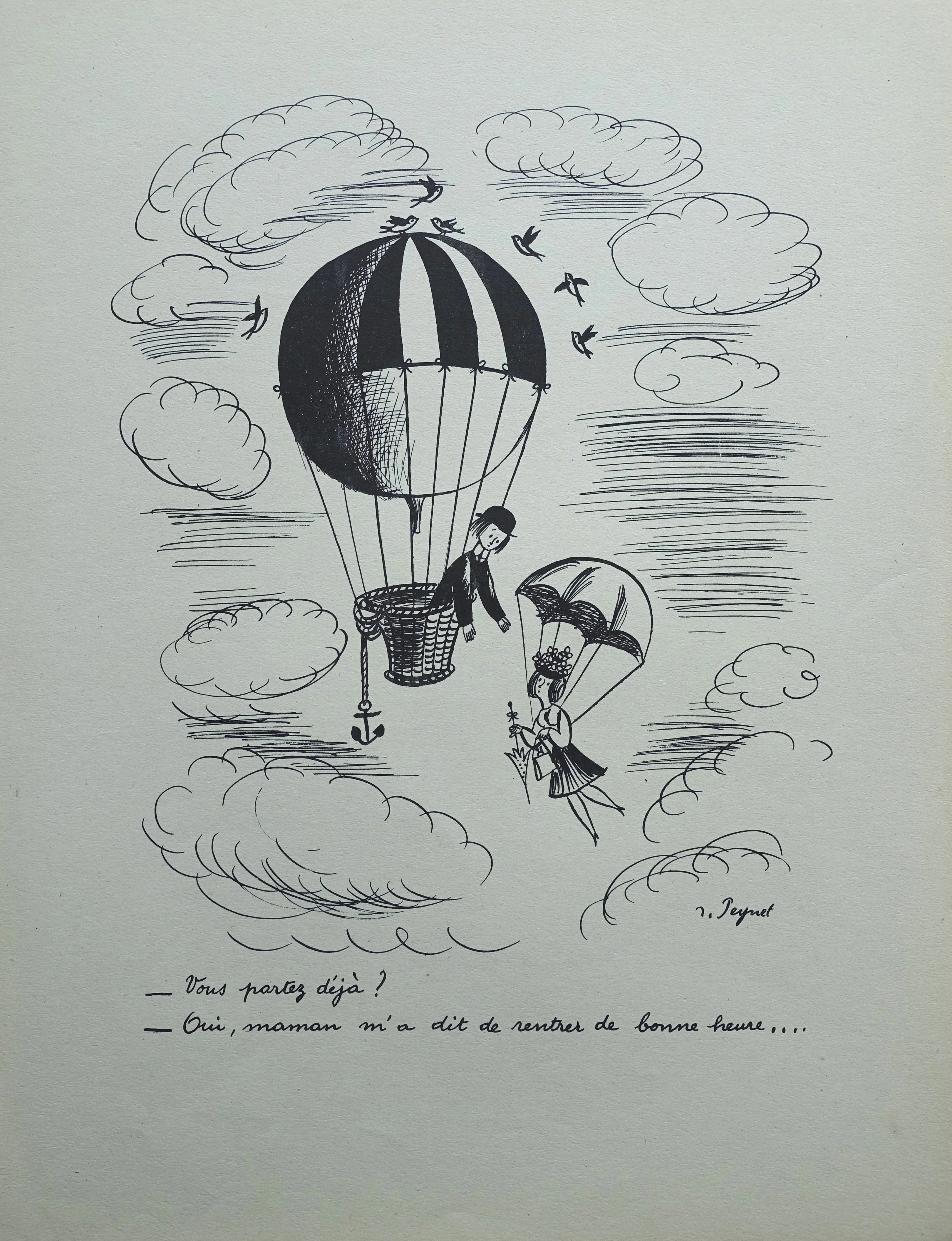 Raymond PEYNET : La Mongolfière, Gravure humoristique signée