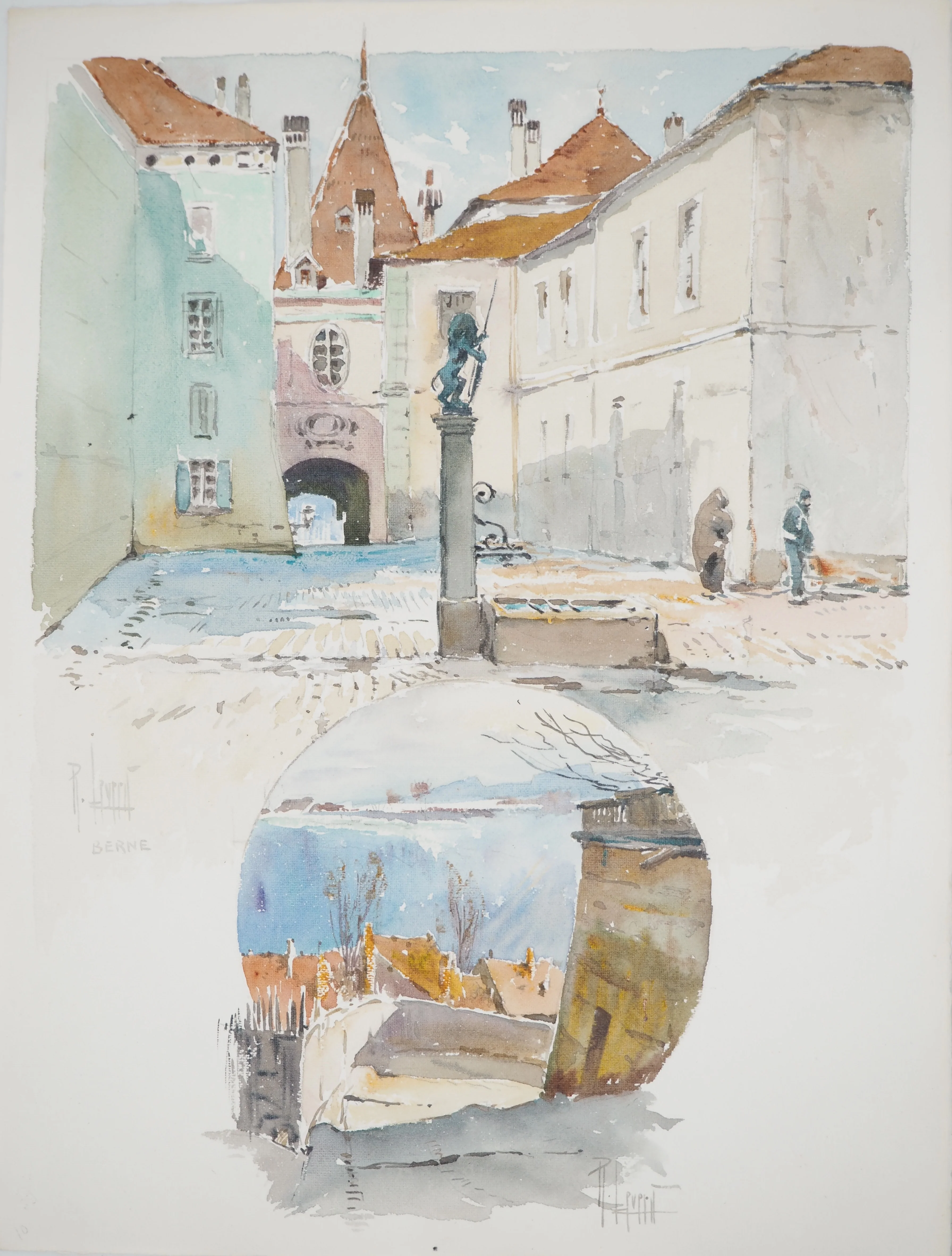René LEVERD : Suisse, Promenade ensoleillée à Berne, Aquarelle originale signée