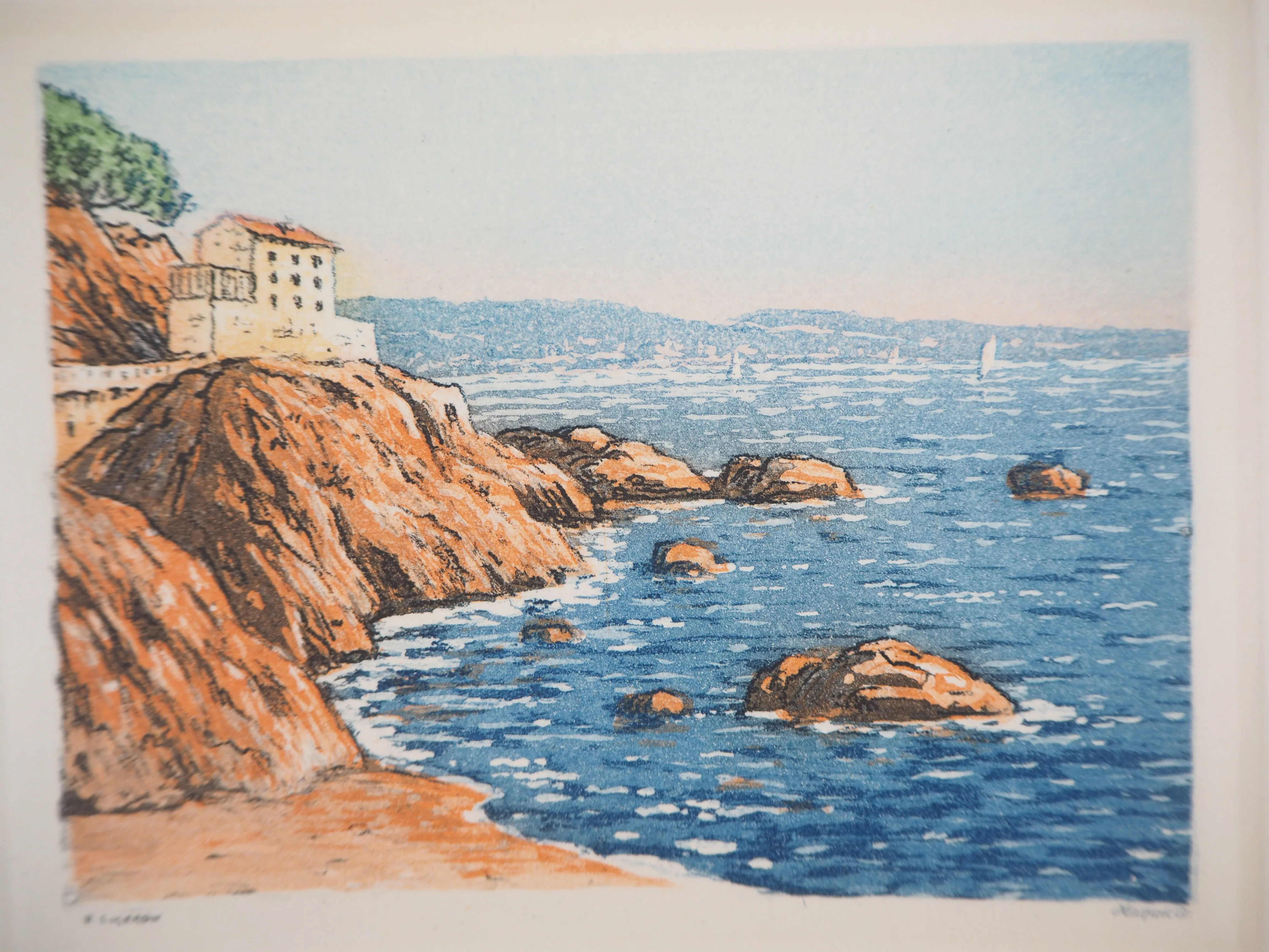 René LIGERON : Méditerranée, Maison en bord de mer, Gravure originale signée