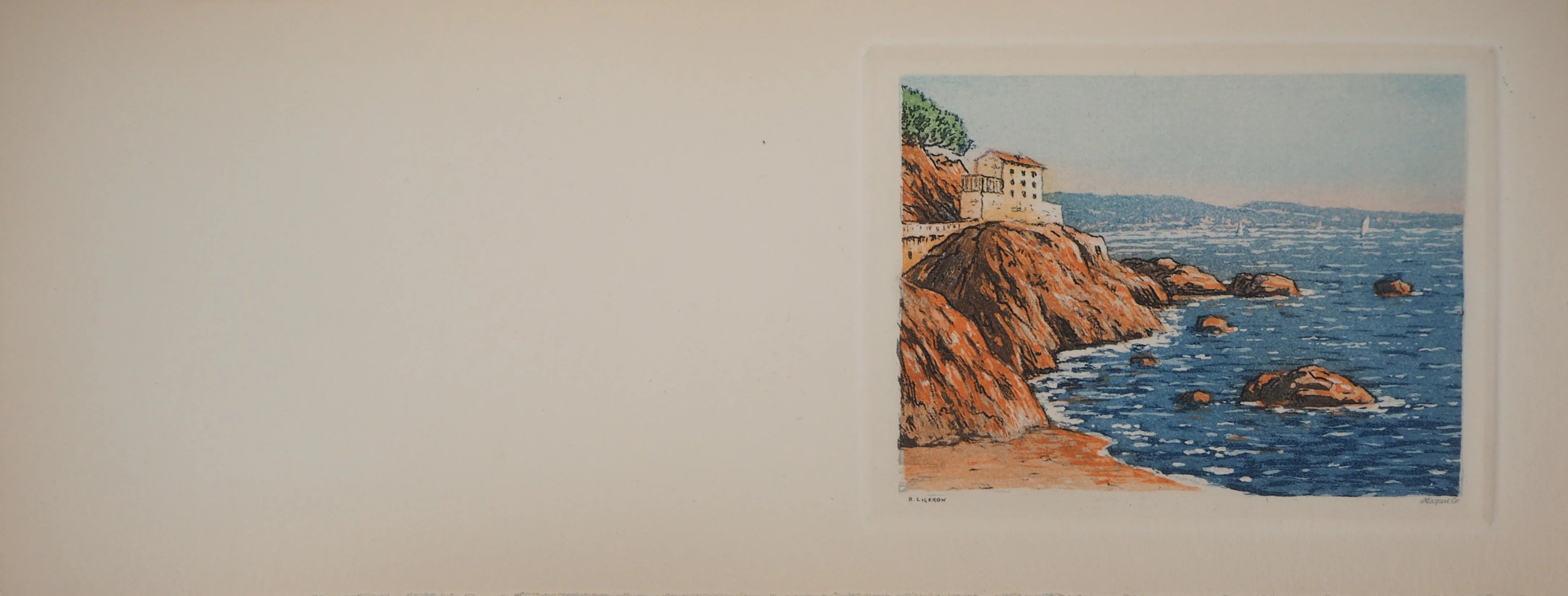 René LIGERON : Méditerranée, Maison en bord de mer, Gravure originale signée - Image 2